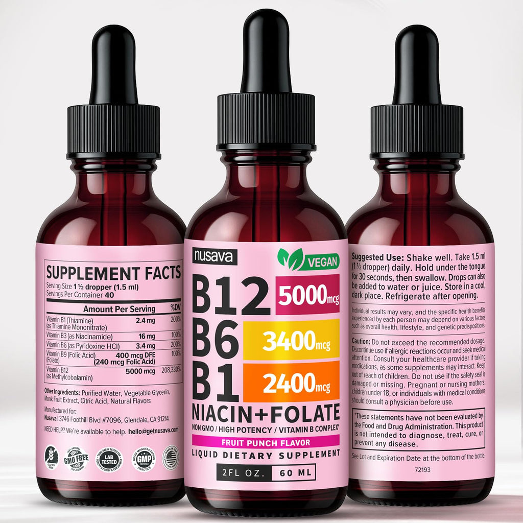 (2 Pack) Vitamin B12 and B6 Liquid Drops, B12 Sublingual Vitamin B Complex - B 12 Vitamin 5000mcg - B12 Methylcobalamin for Energy, Brain, and Heart Support with 27,200 mcg, Raspberry, 80 Servings