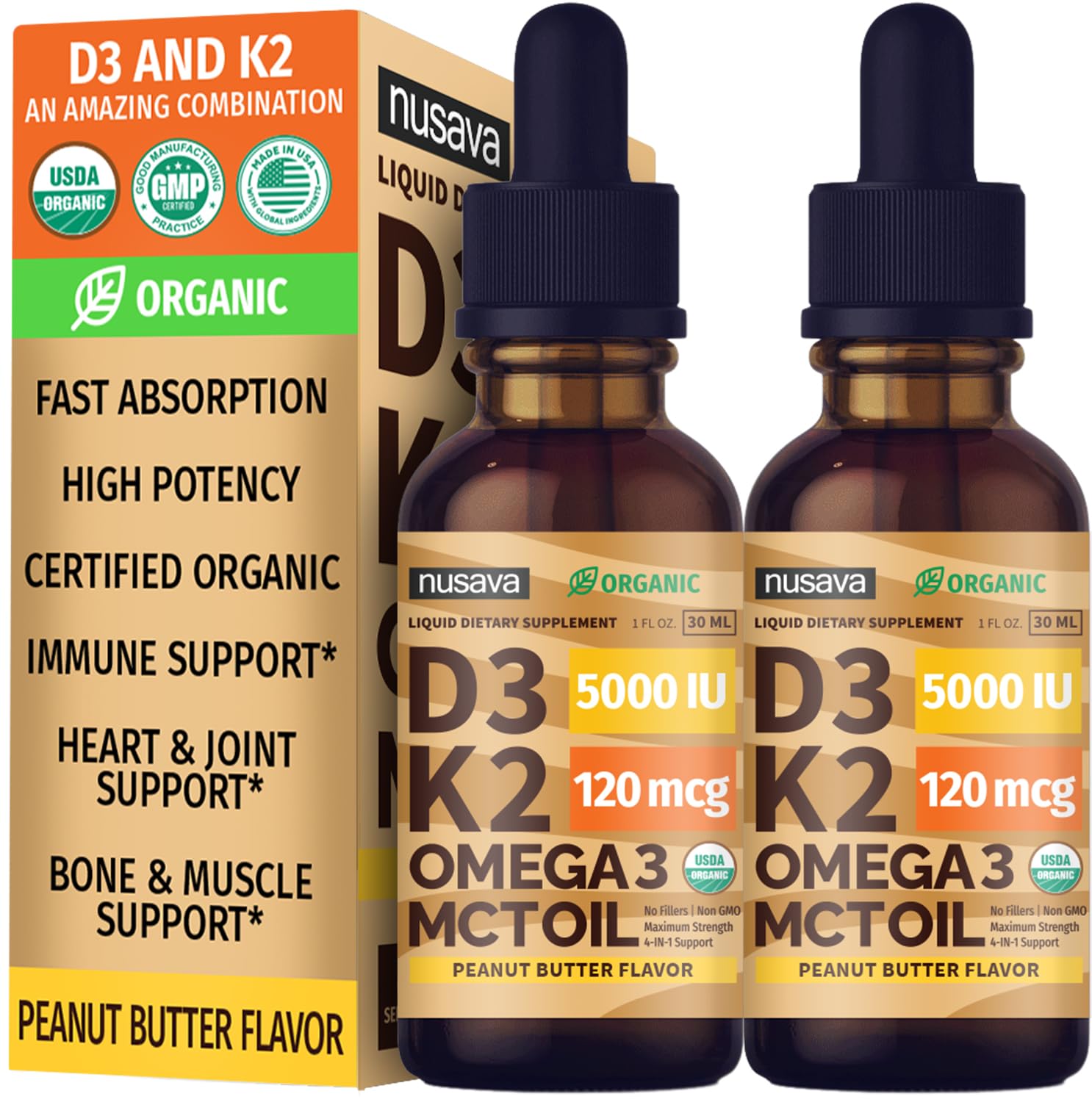 (2 Pack) Organic Vitamin D3 K2 Drops with MCT Oil Omega 3, 5000 IU, Maximum Strength Vitamin D Liquid, No Fillers, Non-GMO Liquid D3 for Faster Absorption and Immune Support (Unflavored, 2 Fl Oz)