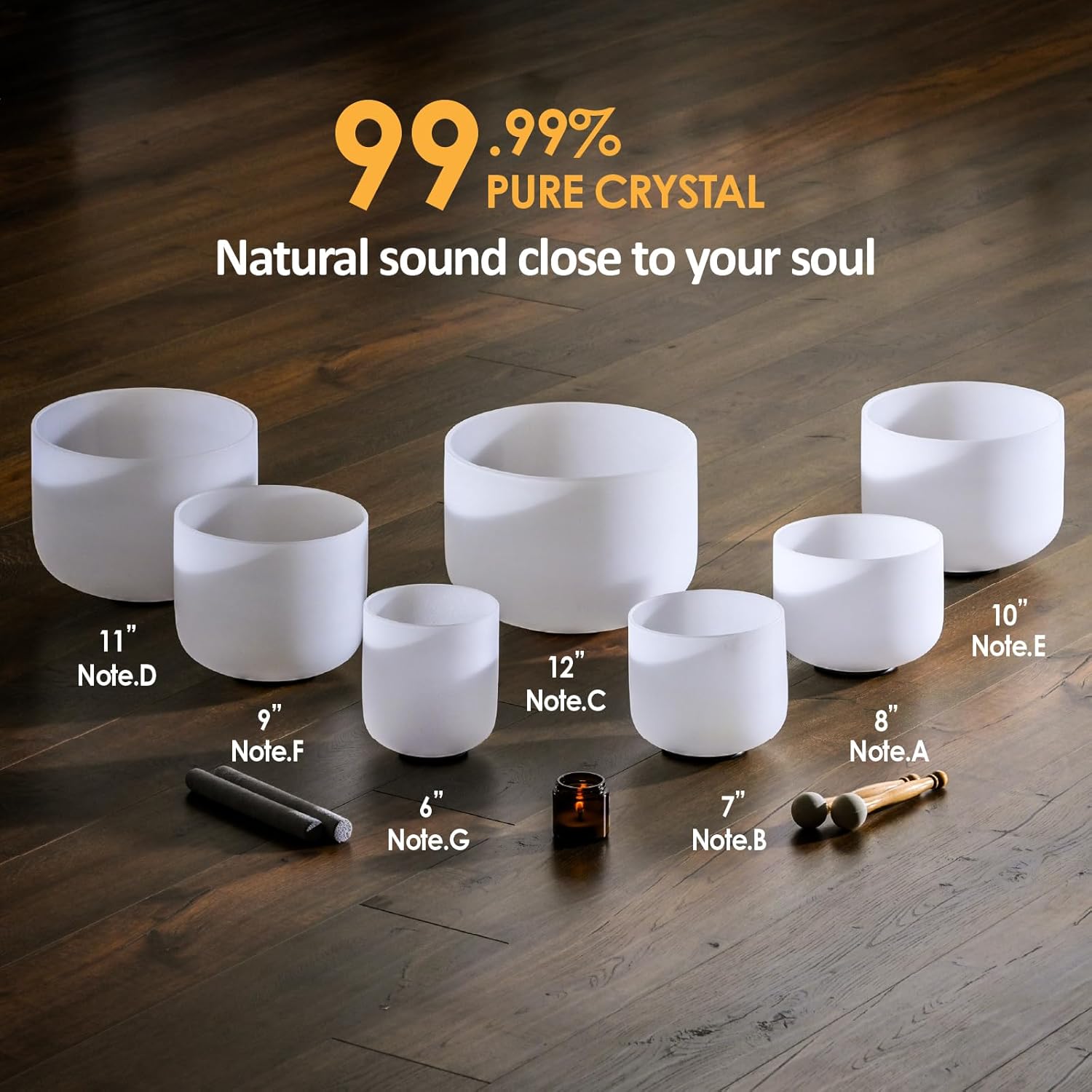 432HZ 6-12 Inch Crystal Singing Bowl Set of 7 with 2 Pcs Green Heavy Carrying Case bag, Frosted Quartz Crystal Sound Healing bowls for Chakra, Meditation, Sound Therapy