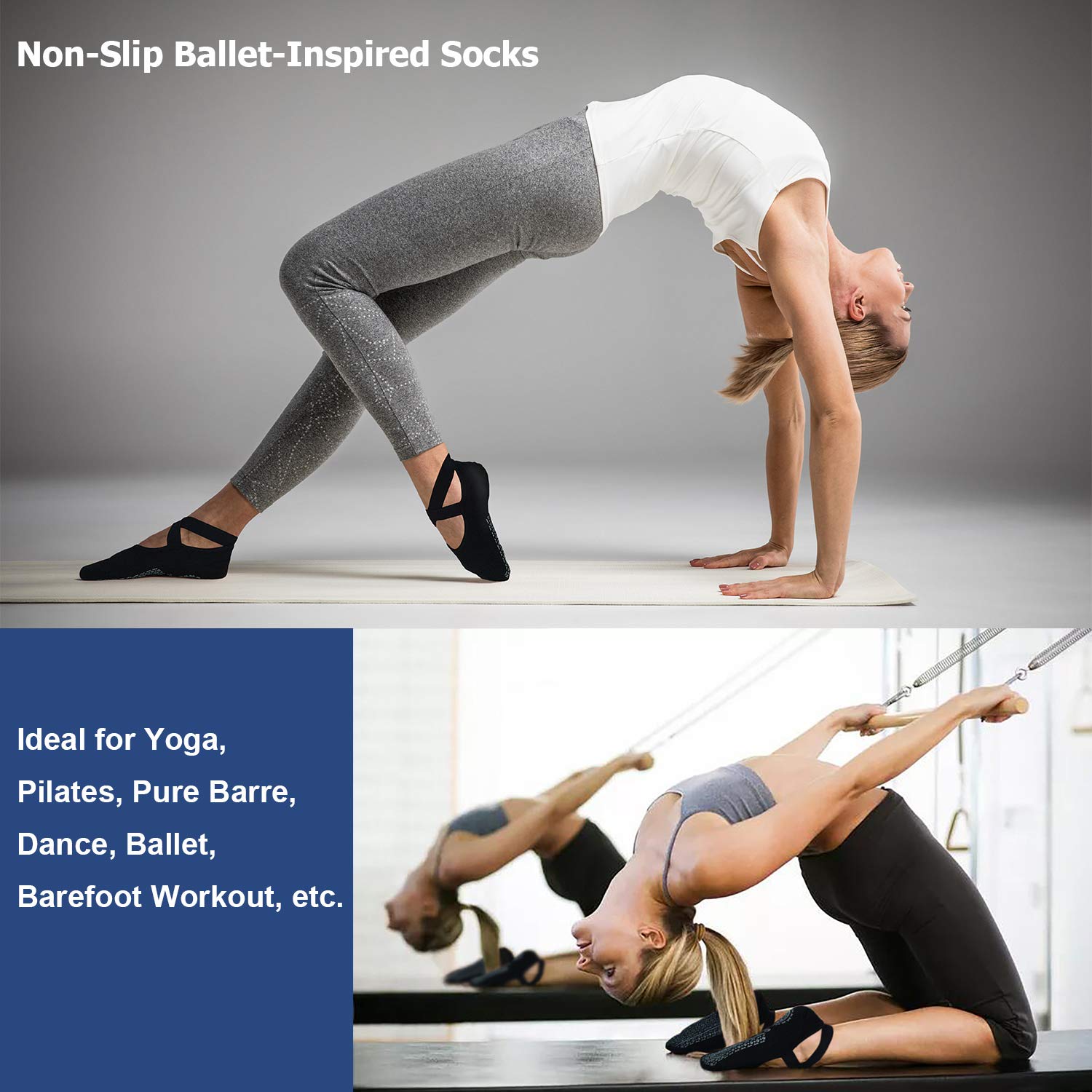 Ozaiic Pilates Socks for Women Non Slip Grip, Yoga Socks with Grippers for Barre, Hospital, Ballet, Dance, Barefoot Workout