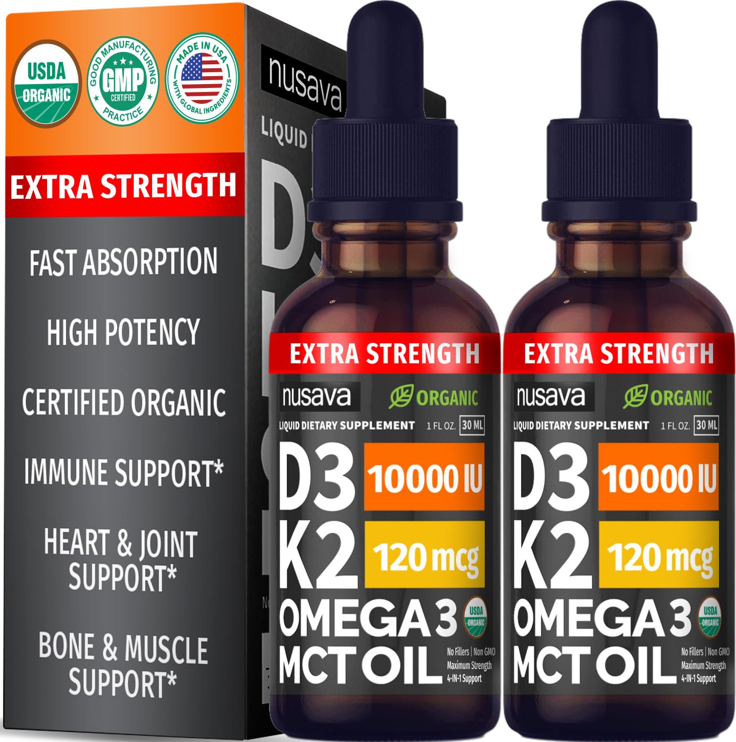 (2 Pack) Organic Vitamin D3 K2 Drops with MCT Oil Omega 3, 5000 IU, Maximum Strength Vitamin D Liquid, No Fillers, Non-GMO Liquid D3 for Faster Absorption and Immune Support (Unflavored, 2 Fl Oz)