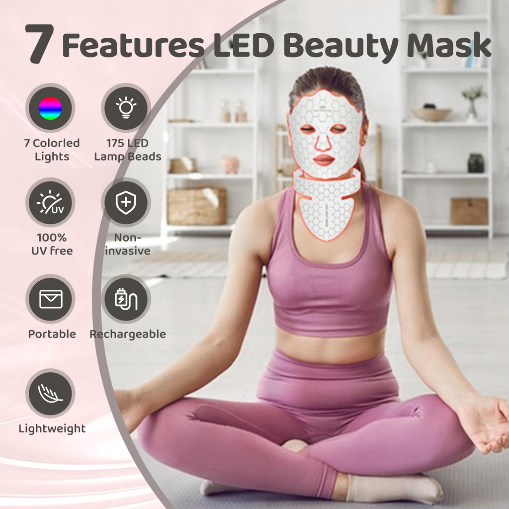 Yahi Red Light Photon Facial & Neck Mask with Remote Control, 7 Custom Modes with Infrared, Portable & Rechargeable with Timer for Home Use, 175 High-Density Light Beads, Black
