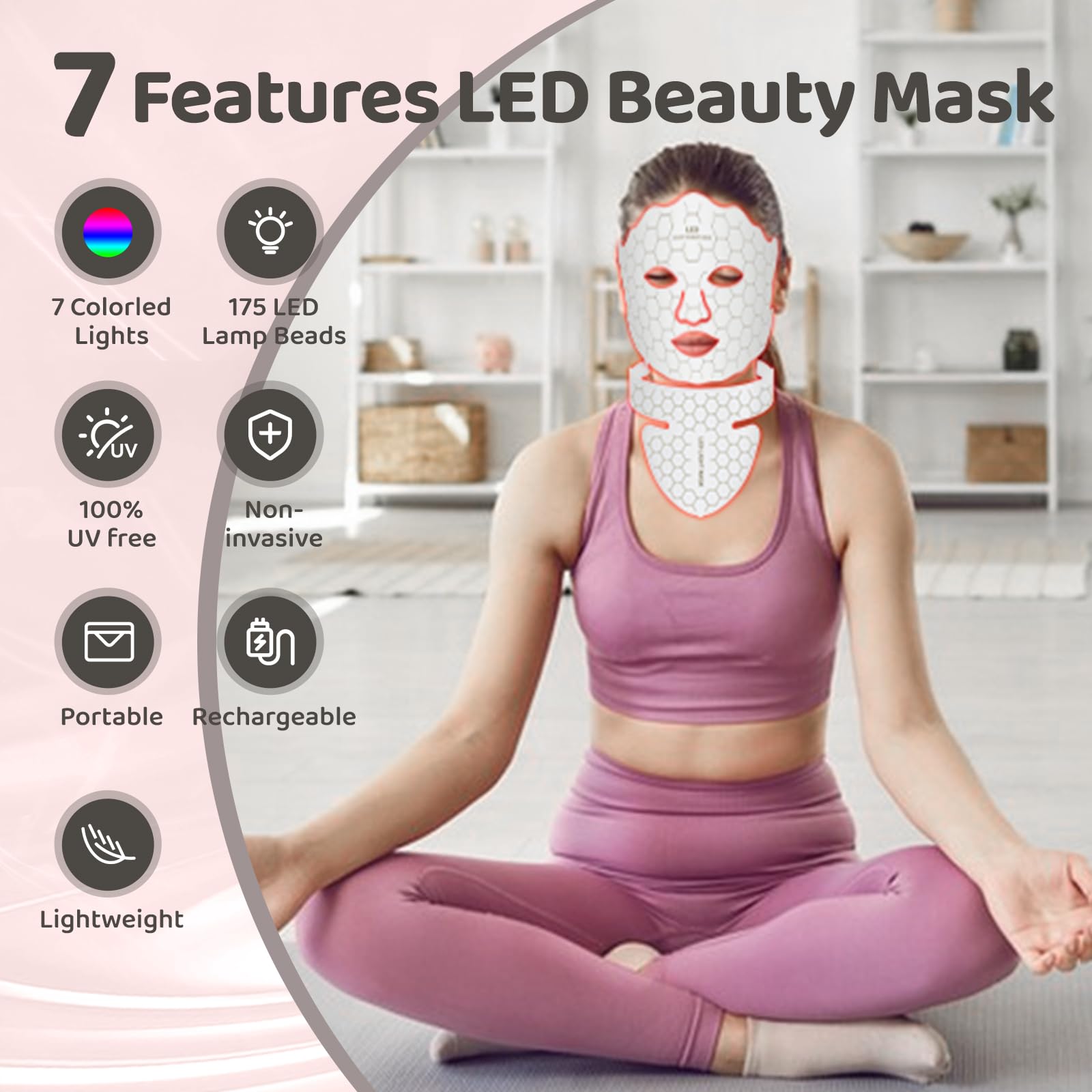 Yahi Red Light Photon Facial & Neck Mask with Remote Control, 7 Custom Modes with Infrared, Portable & Rechargeable with Timer for Home Use, 175 High-Density Light Beads, Black