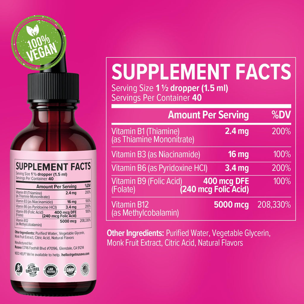 (2 Pack) Vitamin B12 and B6 Liquid Drops, B12 Sublingual Vitamin B Complex - B 12 Vitamin 5000mcg - B12 Methylcobalamin for Energy, Brain, and Heart Support with 27,200 mcg, Raspberry, 80 Servings