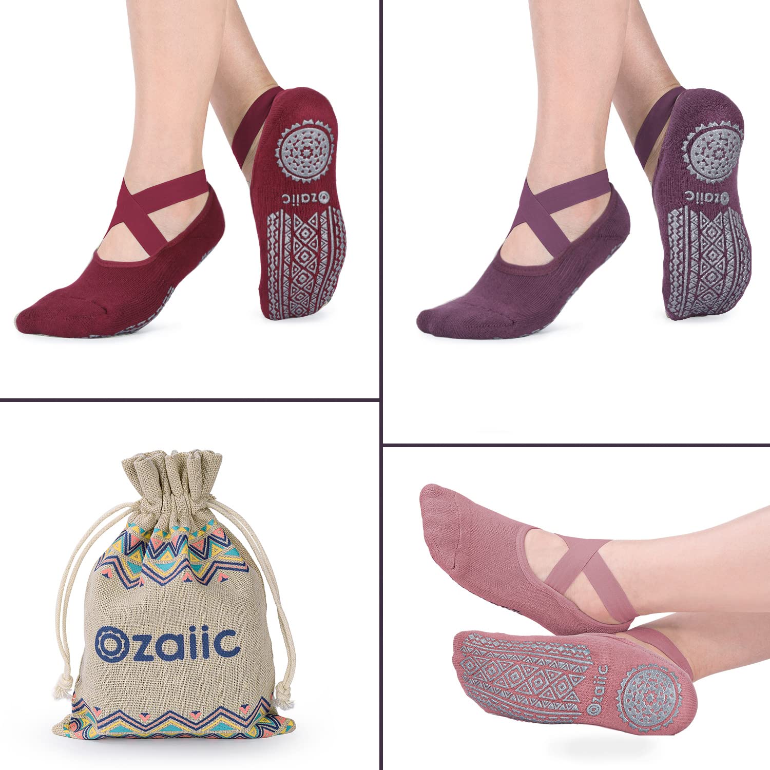 Ozaiic Pilates Socks for Women Non Slip Grip, Yoga Socks with Grippers for Barre, Hospital, Ballet, Dance, Barefoot Workout