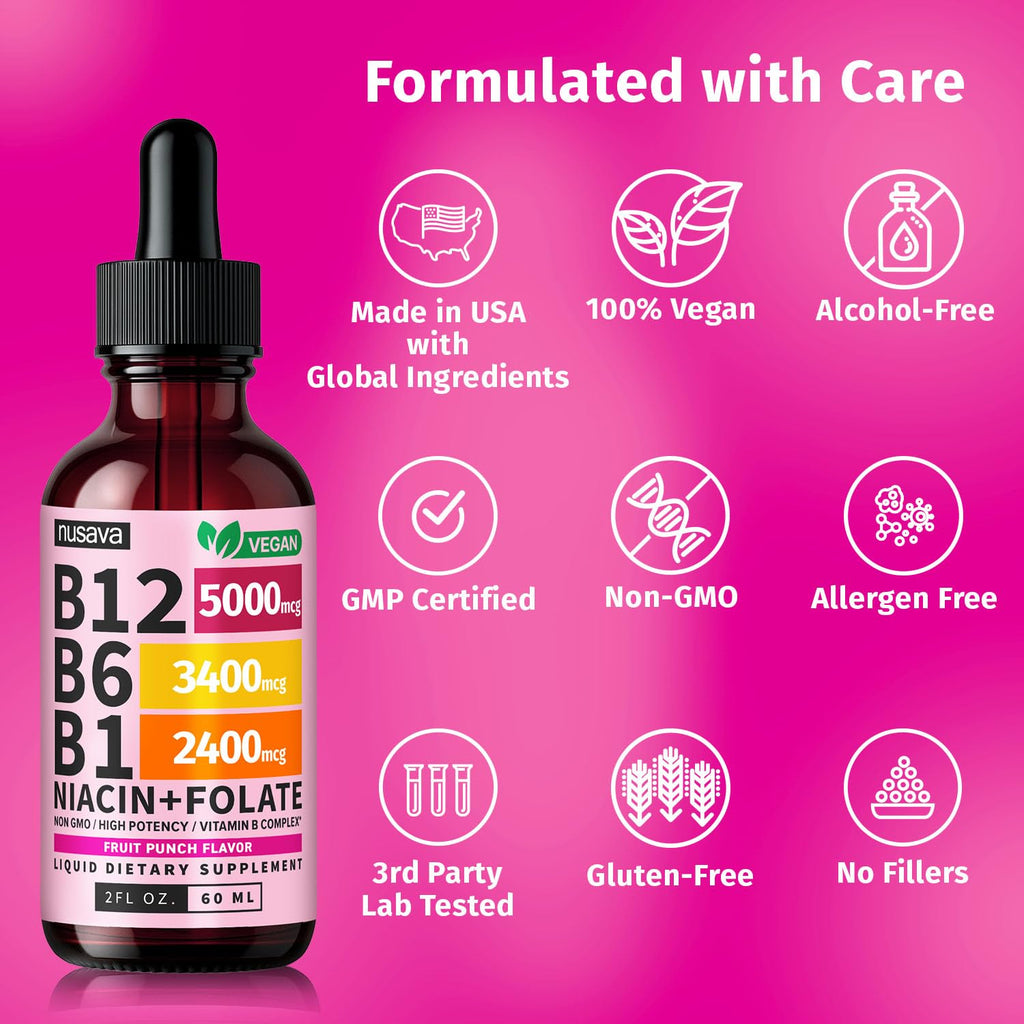 (2 Pack) Vitamin B12 and B6 Liquid Drops, B12 Sublingual Vitamin B Complex - B 12 Vitamin 5000mcg - B12 Methylcobalamin for Energy, Brain, and Heart Support with 27,200 mcg, Raspberry, 80 Servings