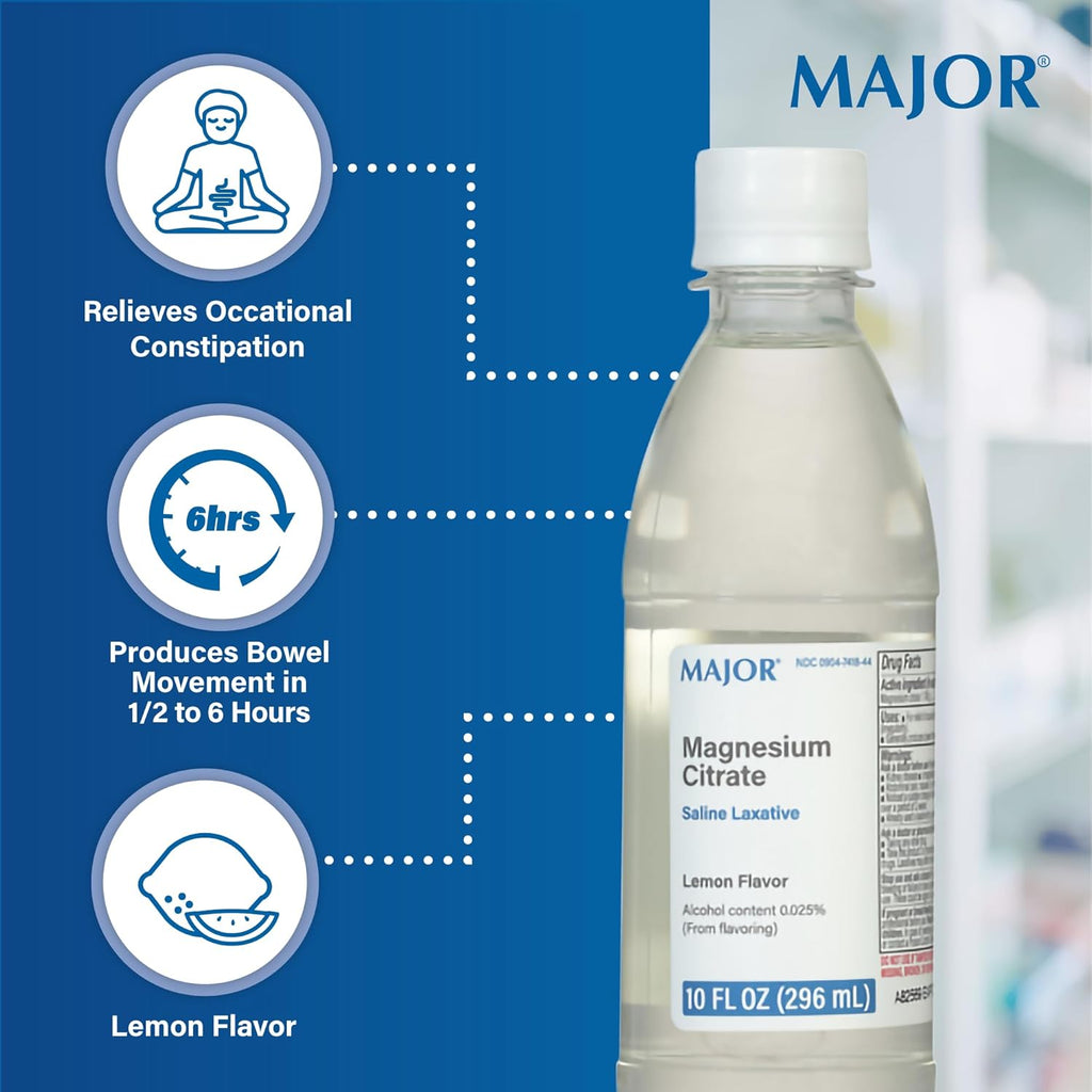 Major Magnesium Citrate Saline Laxative - Helps Relieve Occasional Constipation (Irregularity) - Lemon Flavor - 10 Fl. Oz. (1 Pack)