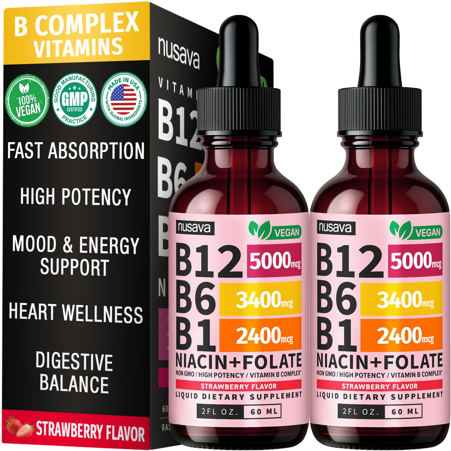 (2 Pack) Vitamin B12 and B6 Liquid Drops, B12 Sublingual Vitamin B Complex - B 12 Vitamin 5000mcg - B12 Methylcobalamin for Energy, Brain, and Heart Support with 27,200 mcg, Raspberry, 80 Servings
