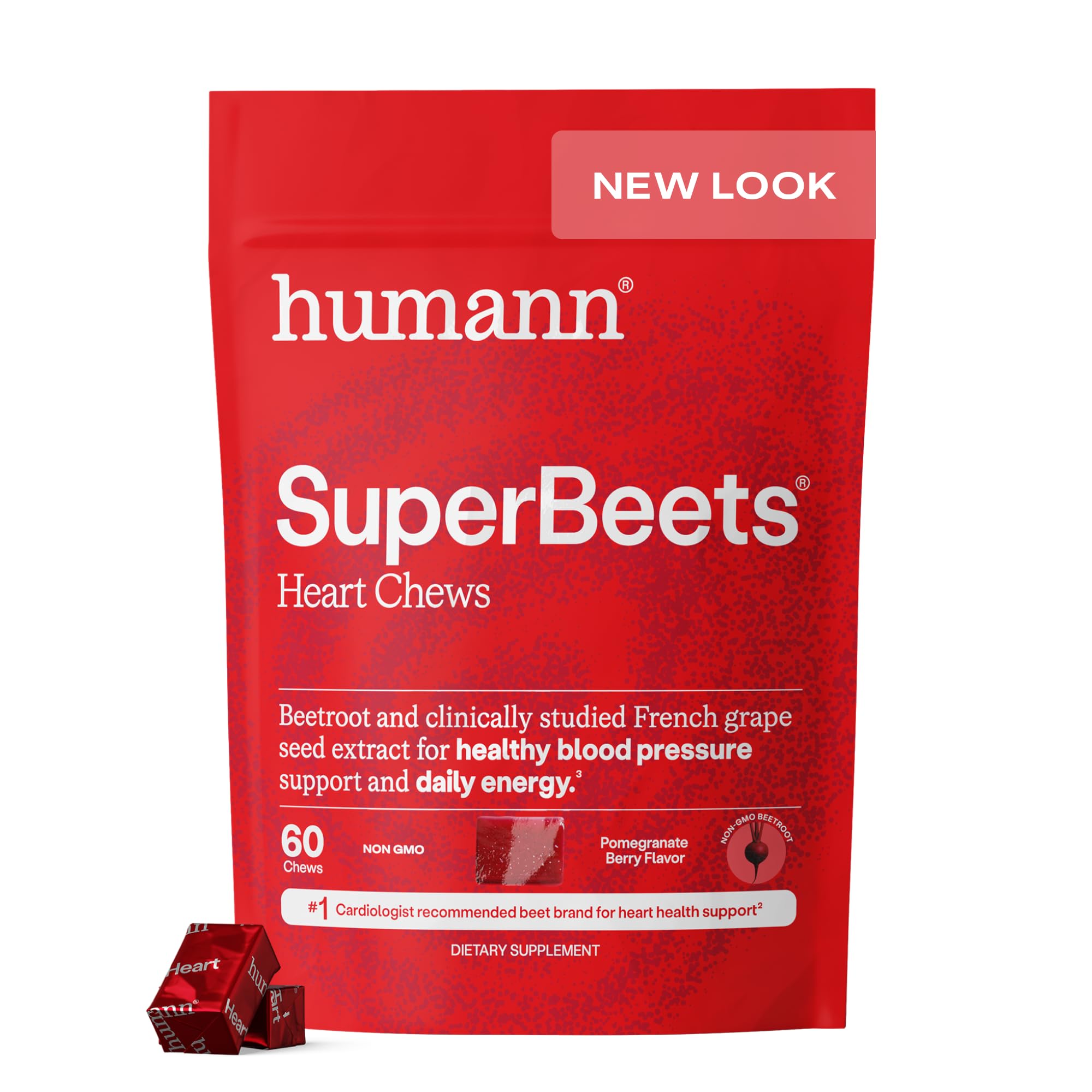 Humann SuperBeets Heart Chews, Nitric Oxide and Blood Pressure Support, Grape Seed Extract & Non-GMO Beet Root Powder Energy, Pomegranate Berry Flavor, 120 Count