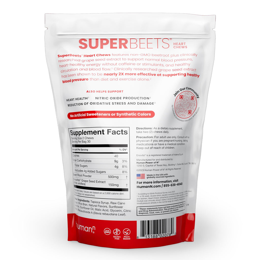 Humann SuperBeets Heart Chews, Nitric Oxide and Blood Pressure Support, Grape Seed Extract & Non-GMO Beet Root Powder Energy, Pomegranate Berry Flavor, 120 Count