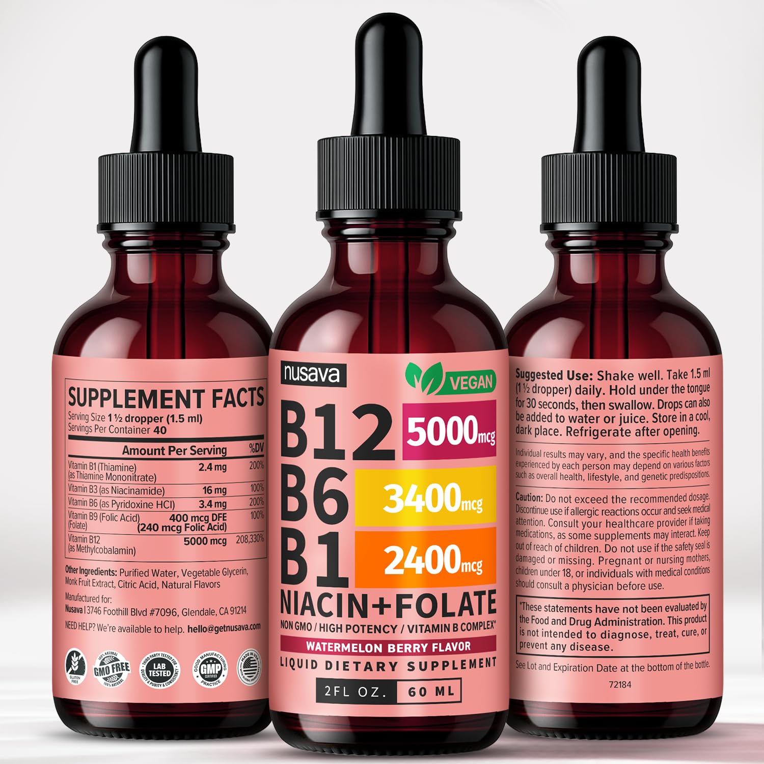(2 Pack) Vitamin B12 and B6 Liquid Drops, B12 Sublingual Vitamin B Complex - B 12 Vitamin 5000mcg - B12 Methylcobalamin for Energy, Brain, and Heart Support with 27,200 mcg, Raspberry, 80 Servings
