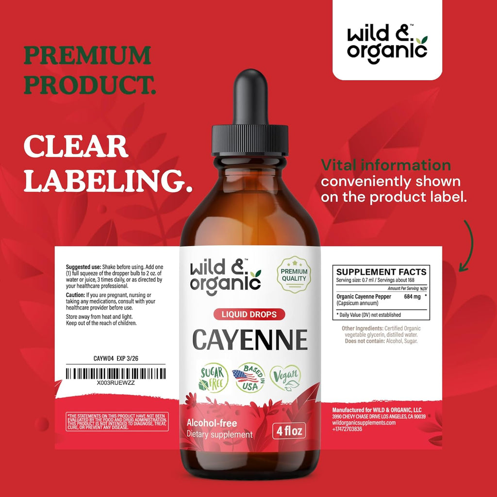 Wild & Organic Cayenne Pepper Tincture - Digestive Support with Capsaicin Extract - Cayenne Pepper Liquid Drops for Overall Well-Being - Vegan, Sugar & Alcohol-Free - 4 fl oz