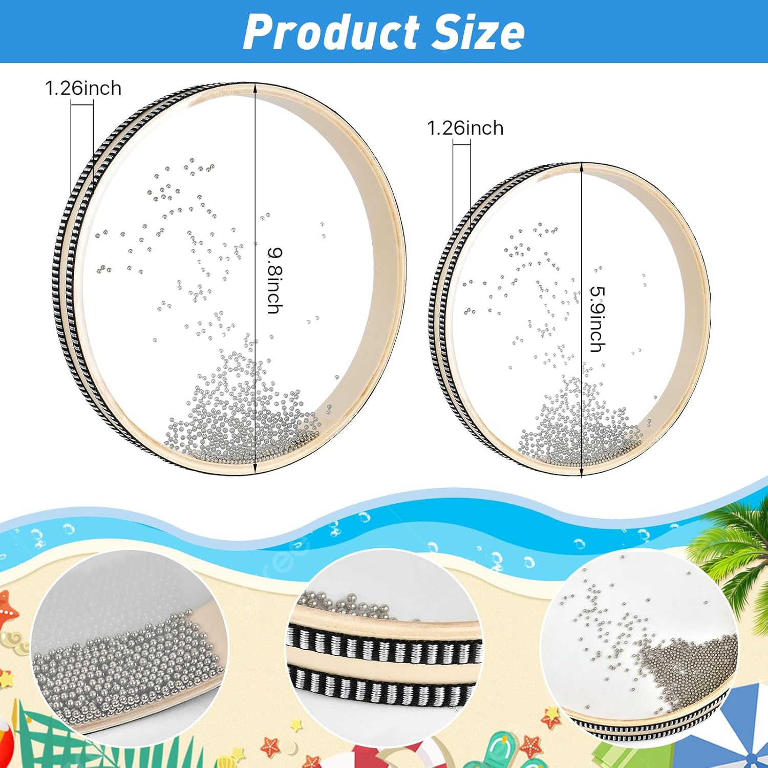 8 Inch 10 Inch Sea Wave Sound Drum, 2 Pcs Wave Bead Ocean Drum Sea Sound Drum with Wooden Shell Musical Instrument Percussion for Home School Supplies