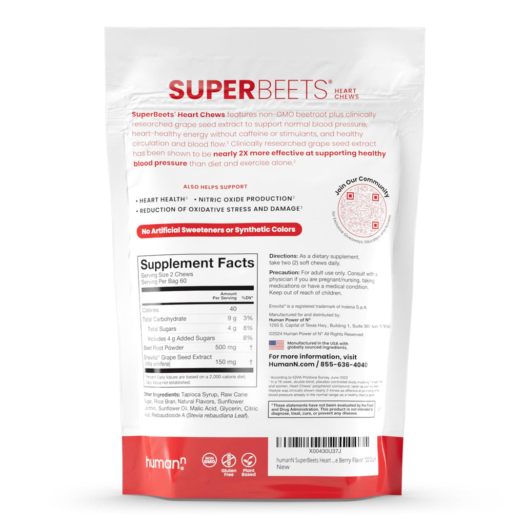 Humann SuperBeets Heart Chews, Nitric Oxide and Blood Pressure Support, Grape Seed Extract & Non-GMO Beet Root Powder Energy, Pomegranate Berry Flavor, 120 Count