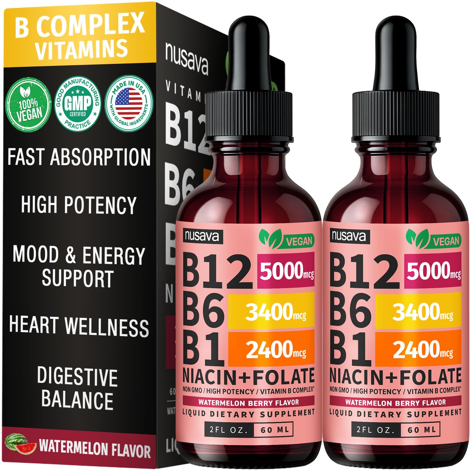(2 Pack) Vitamin B12 and B6 Liquid Drops, B12 Sublingual Vitamin B Complex - B 12 Vitamin 5000mcg - B12 Methylcobalamin for Energy, Brain, and Heart Support with 27,200 mcg, Raspberry, 80 Servings