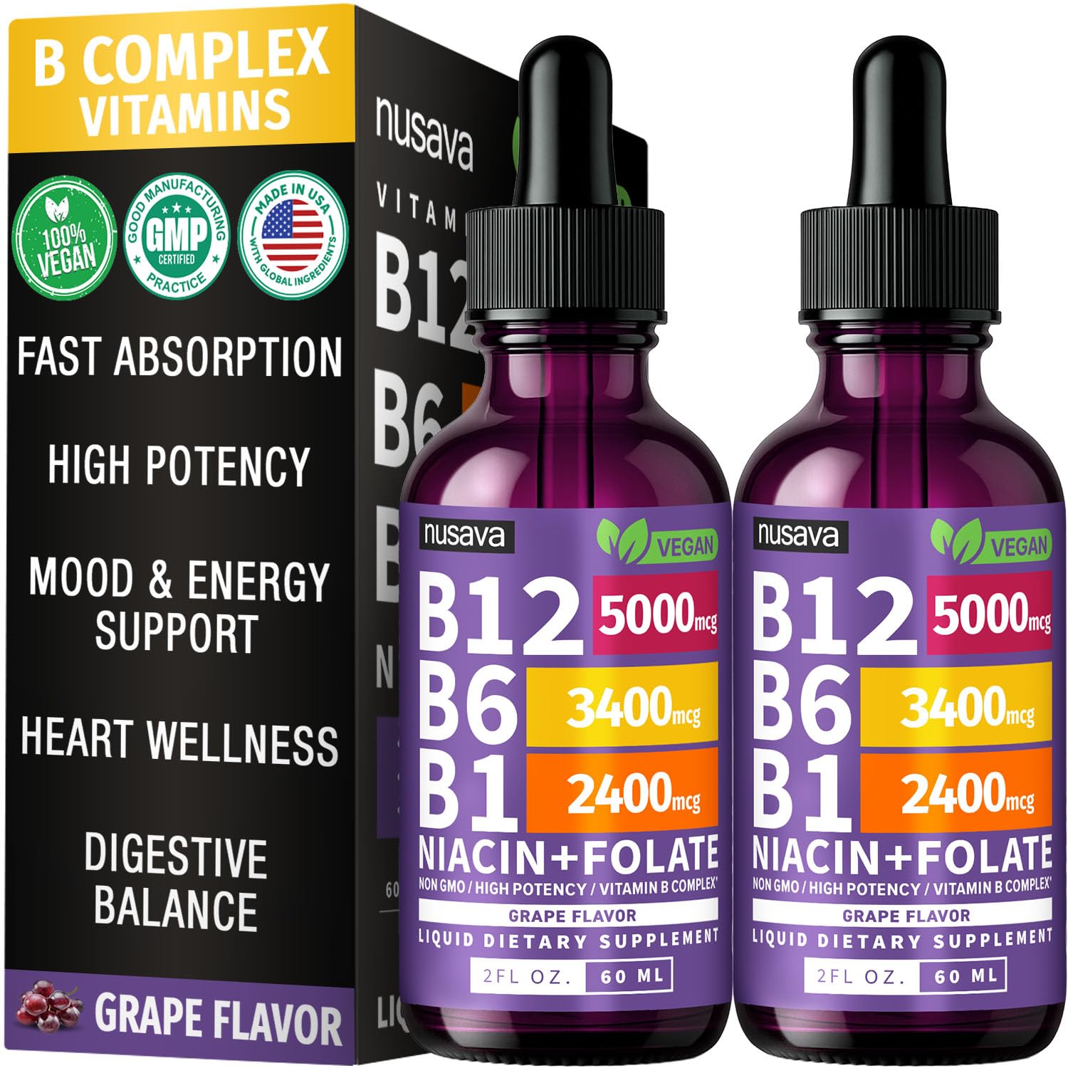 (2 Pack) Vitamin B12 and B6 Liquid Drops, B12 Sublingual Vitamin B Complex - B 12 Vitamin 5000mcg - B12 Methylcobalamin for Energy, Brain, and Heart Support with 27,200 mcg, Raspberry, 80 Servings