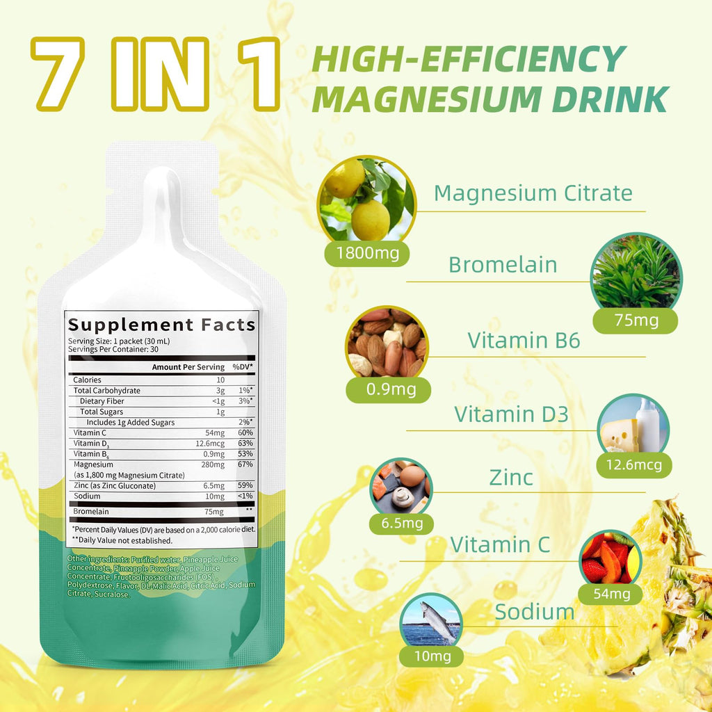 Magnesium Citrate Liquid Supplement,Magnesium Drink/Oral Solution with Bromelain,Vitamin,Zinc and Sodium for Zzz and Gut Support,Pineapple,30 Day Supply
