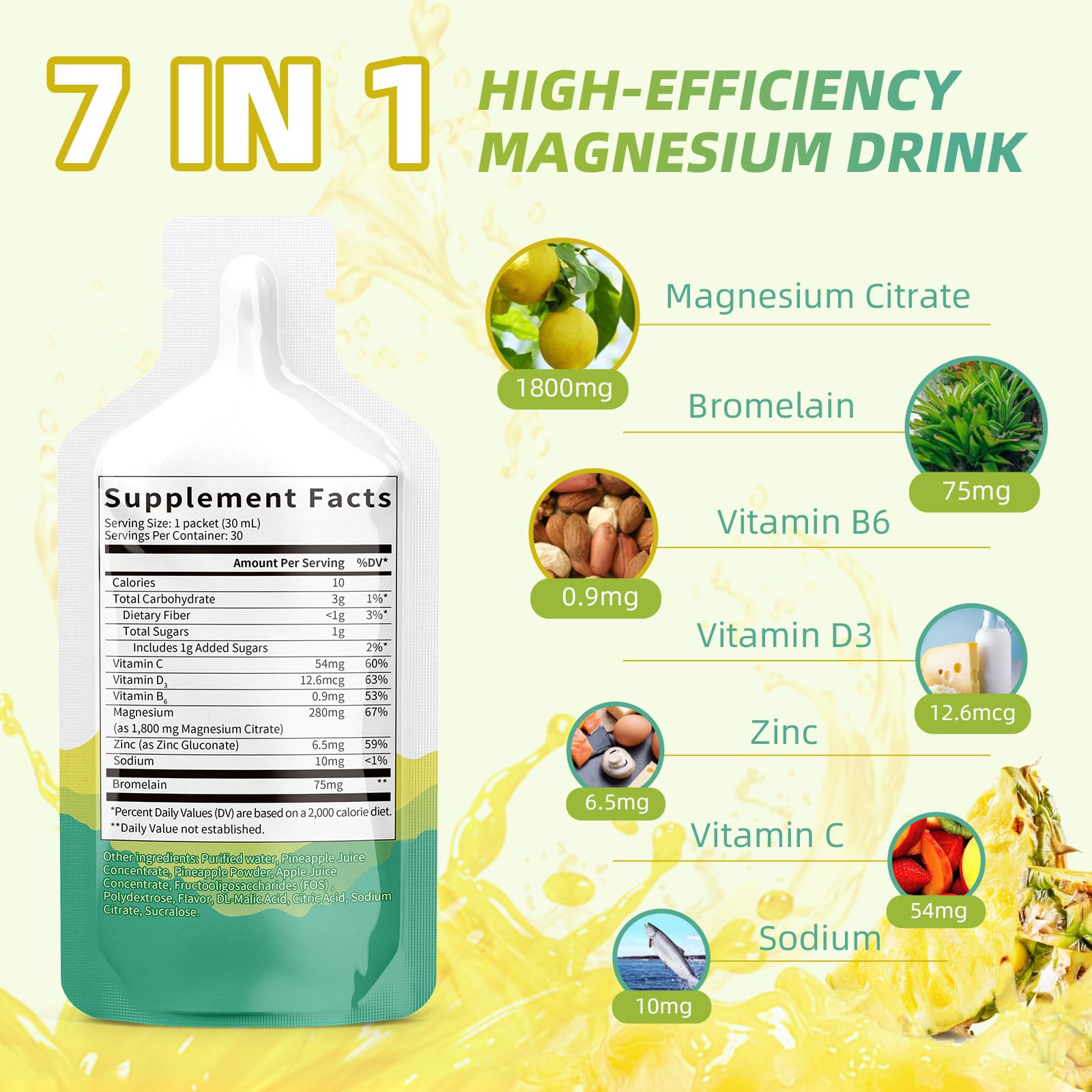 Magnesium Citrate Liquid Supplement,Magnesium Drink/Oral Solution with Bromelain,Vitamin,Zinc and Sodium for Zzz and Gut Support,Pineapple,30 Day Supply