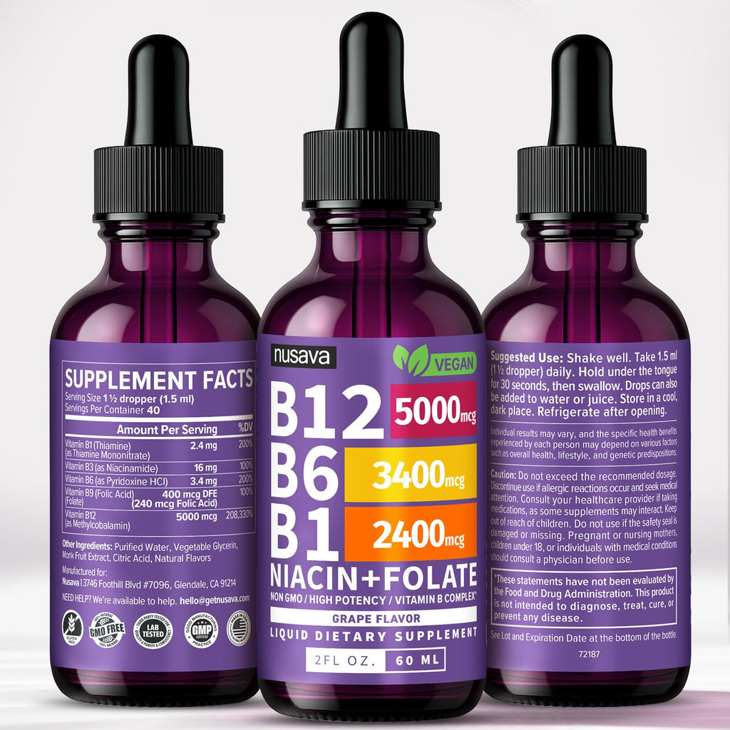 (2 Pack) Vitamin B12 and B6 Liquid Drops, B12 Sublingual Vitamin B Complex - B 12 Vitamin 5000mcg - B12 Methylcobalamin for Energy, Brain, and Heart Support with 27,200 mcg, Raspberry, 80 Servings