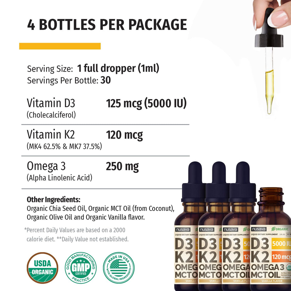 (2 Pack) Organic Vitamin D3 K2 Drops with MCT Oil Omega 3, 5000 IU, Maximum Strength Vitamin D Liquid, No Fillers, Non-GMO Liquid D3 for Faster Absorption and Immune Support (Unflavored, 2 Fl Oz)