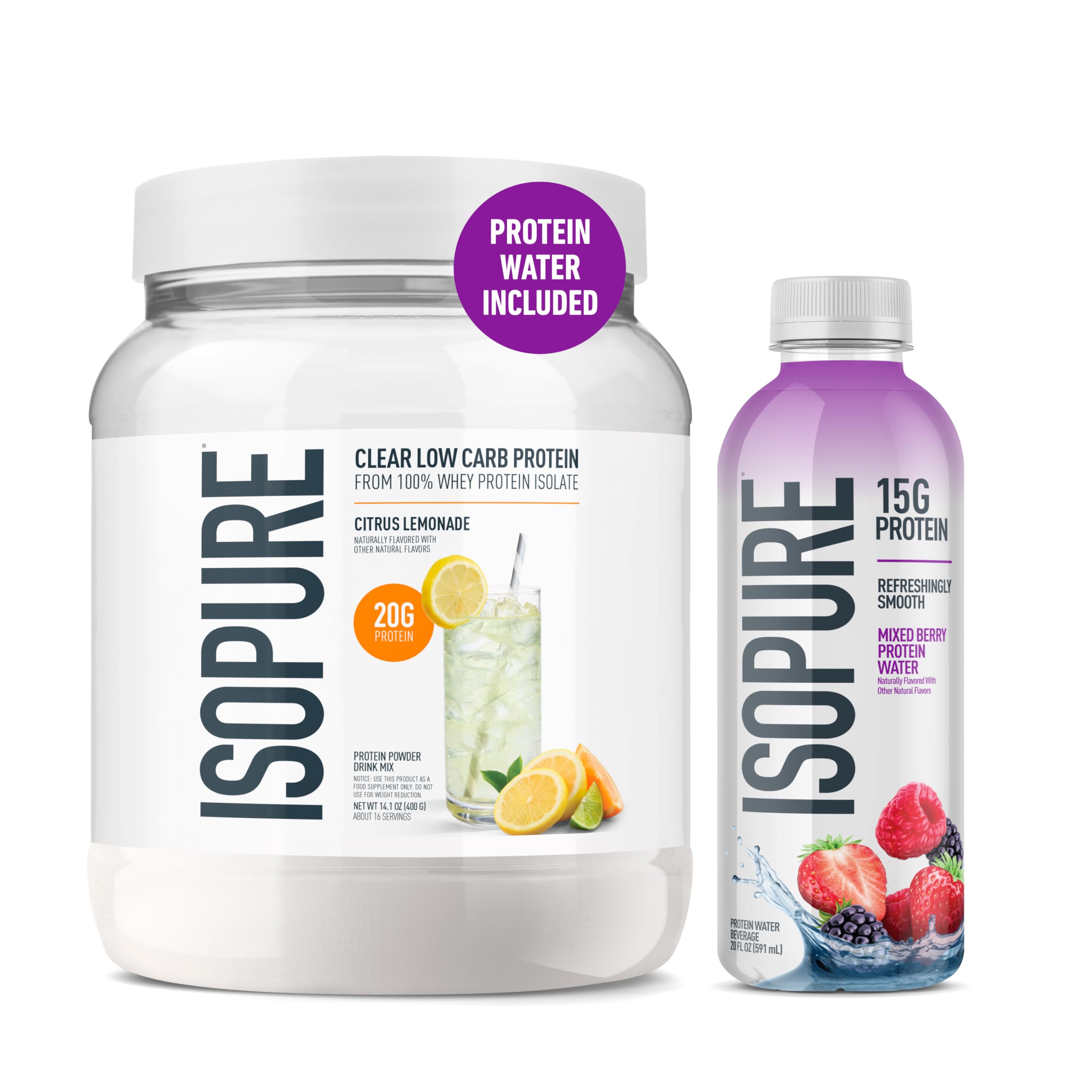 Isopure Clear Whey Isolate Protein Powder, Lactose Free, Gluten Free, Naturally Flavored, Mixed Berry, 20g Protein Per Serving, 14.1 Oz, 16 Servings (Packaging May Vary)