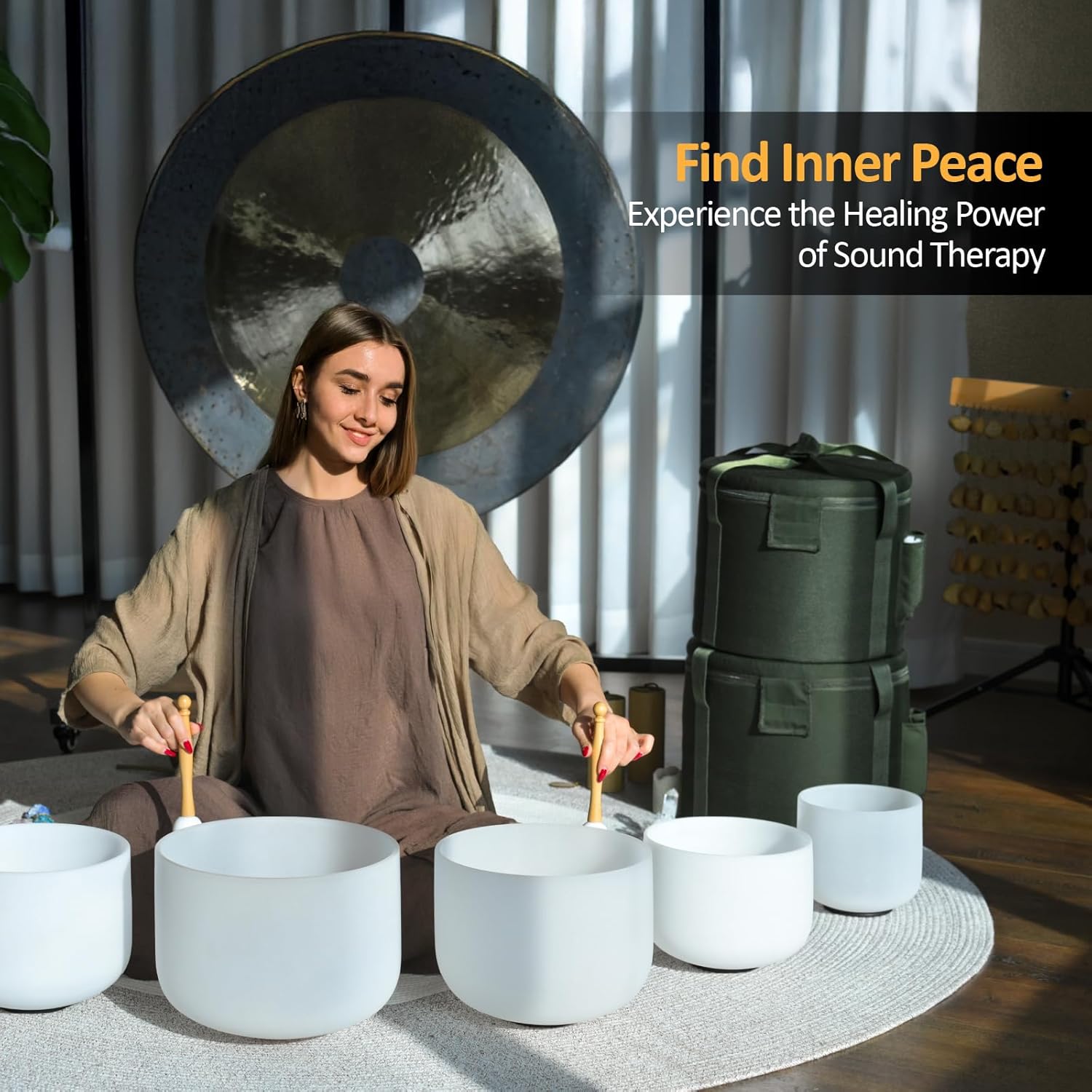 432HZ 6-12 Inch Crystal Singing Bowl Set of 7 with 2 Pcs Green Heavy Carrying Case bag, Frosted Quartz Crystal Sound Healing bowls for Chakra, Meditation, Sound Therapy