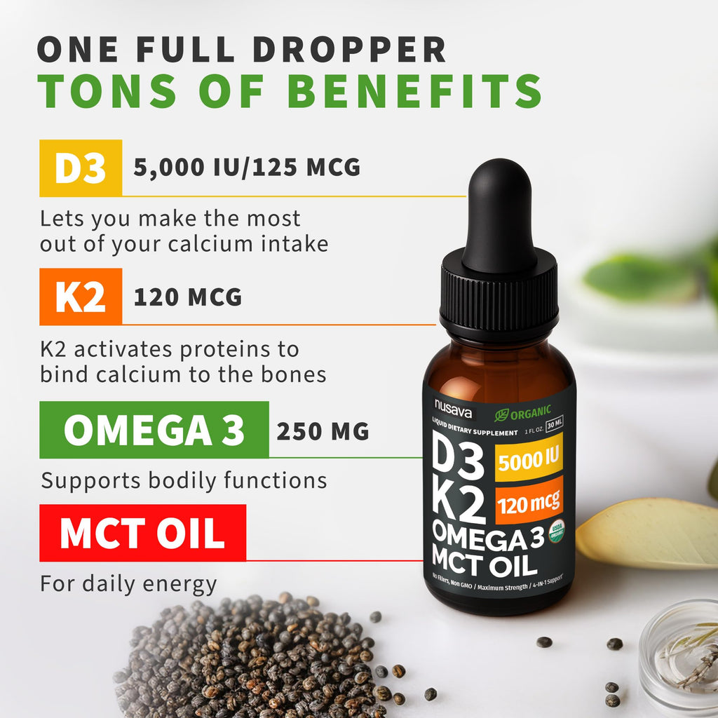 (2 Pack) Organic Vitamin D3 K2 Drops with MCT Oil Omega 3, 5000 IU, Maximum Strength Vitamin D Liquid, No Fillers, Non-GMO Liquid D3 for Faster Absorption and Immune Support (Unflavored, 2 Fl Oz)