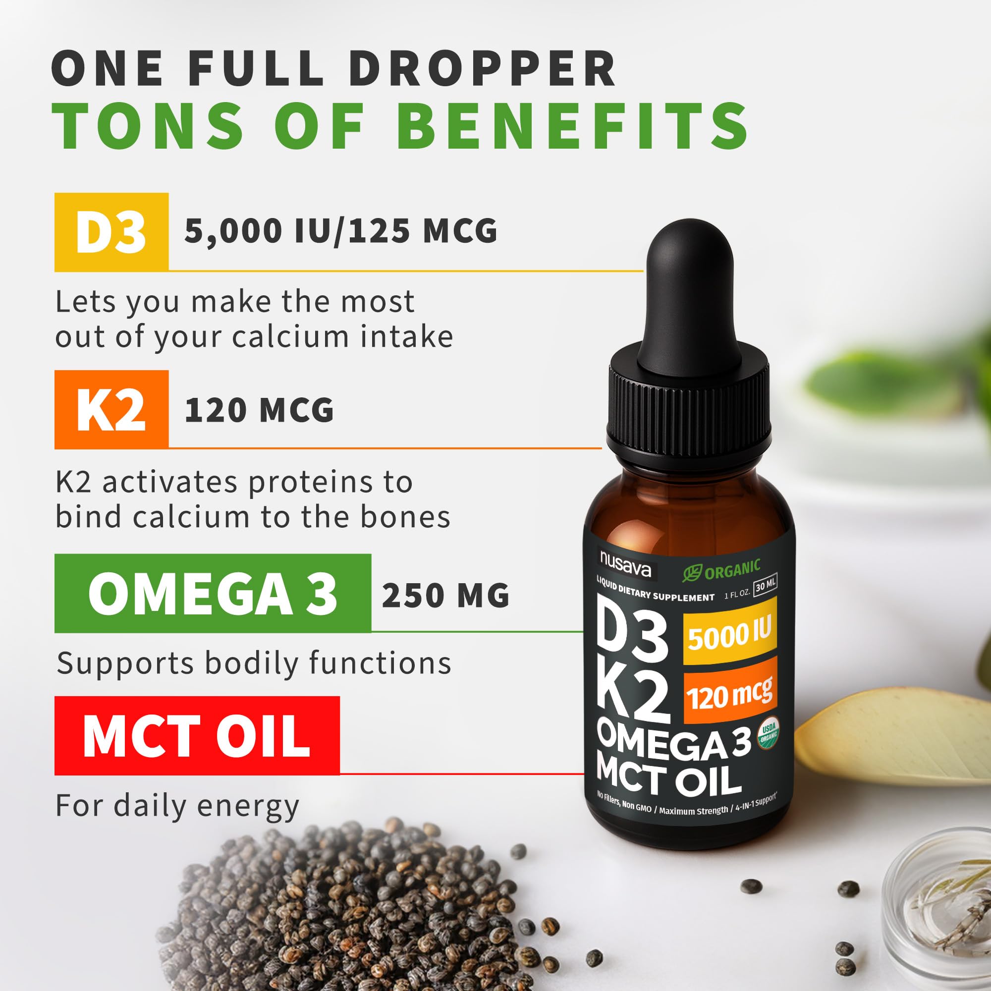 (2 Pack) Organic Vitamin D3 K2 Drops with MCT Oil Omega 3, 5000 IU, Maximum Strength Vitamin D Liquid, No Fillers, Non-GMO Liquid D3 for Faster Absorption and Immune Support (Unflavored, 2 Fl Oz)