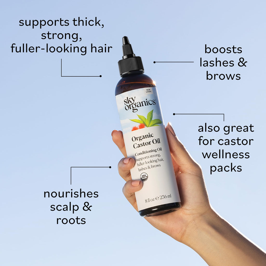 Sky Organics Castor Oil - USDA Certified Organic Hair Oil for Hair Growth, Skin, Face, Eyelashes - Cold Pressed & Hexane Free - Pure Organic Castor Oil Pack Wrap - Carrier & Hair Treatment Oil -16oz