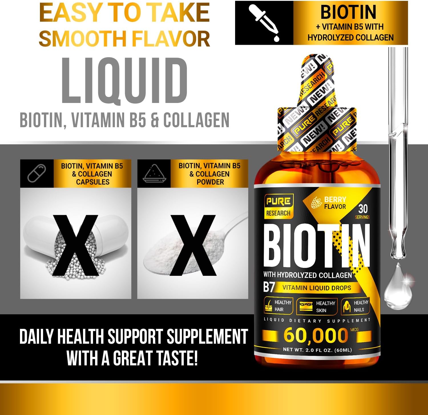 Liquid Biotin & Collagen Hair Growth Drops 60,000mcg - Biotin and Liquid Collagen Supplement for Men & Women - Glowing Skin Support, Healthy Hair & Nail Growth - 2oz