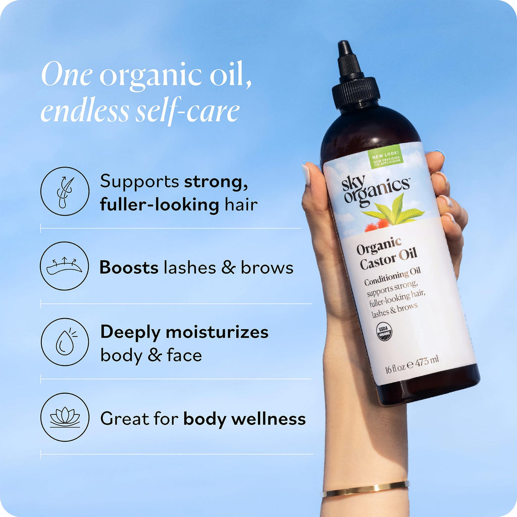 Sky Organics Castor Oil - USDA Certified Organic Hair Oil for Hair Growth, Skin, Face, Eyelashes - Cold Pressed & Hexane Free - Pure Organic Castor Oil Pack Wrap - Carrier & Hair Treatment Oil -16oz