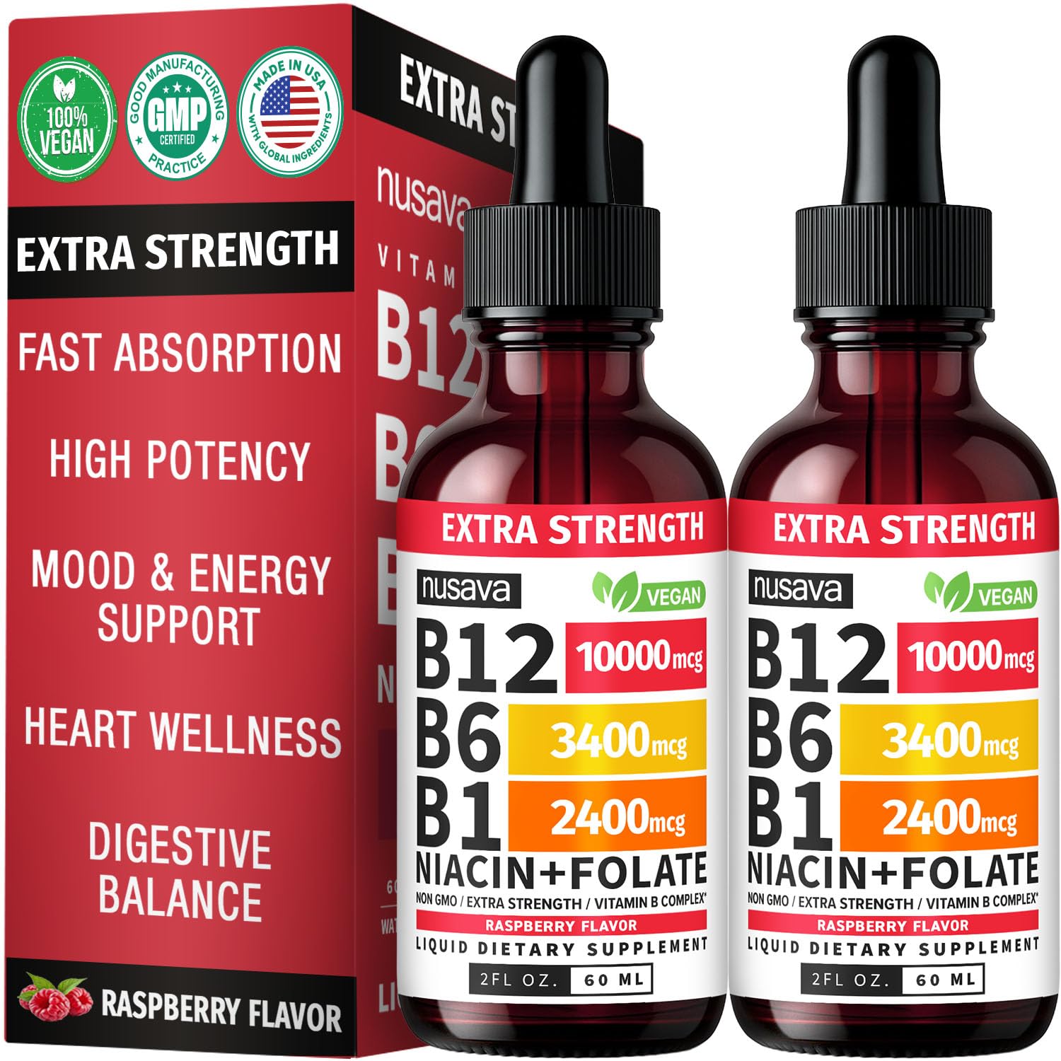 (2 Pack) Vitamin B12 and B6 Liquid Drops, B12 Sublingual Vitamin B Complex - B 12 Vitamin 5000mcg - B12 Methylcobalamin for Energy, Brain, and Heart Support with 27,200 mcg, Raspberry, 80 Servings