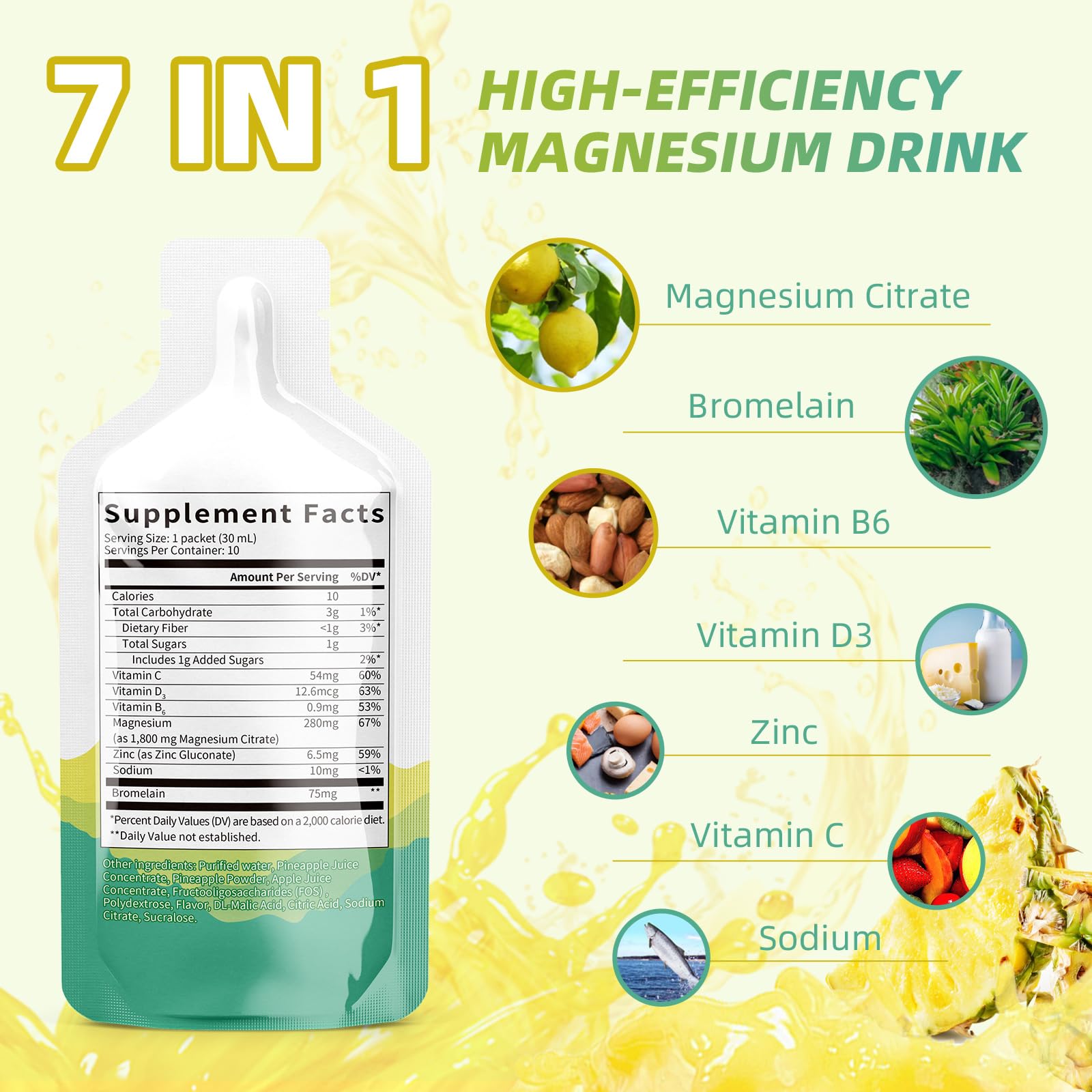 Magnesium Citrate Liquid Supplement,Magnesium Drink/Oral Solution with Bromelain,Vitamin,Zinc and Sodium for Zzz and Gut Support,Pineapple,30 Day Supply