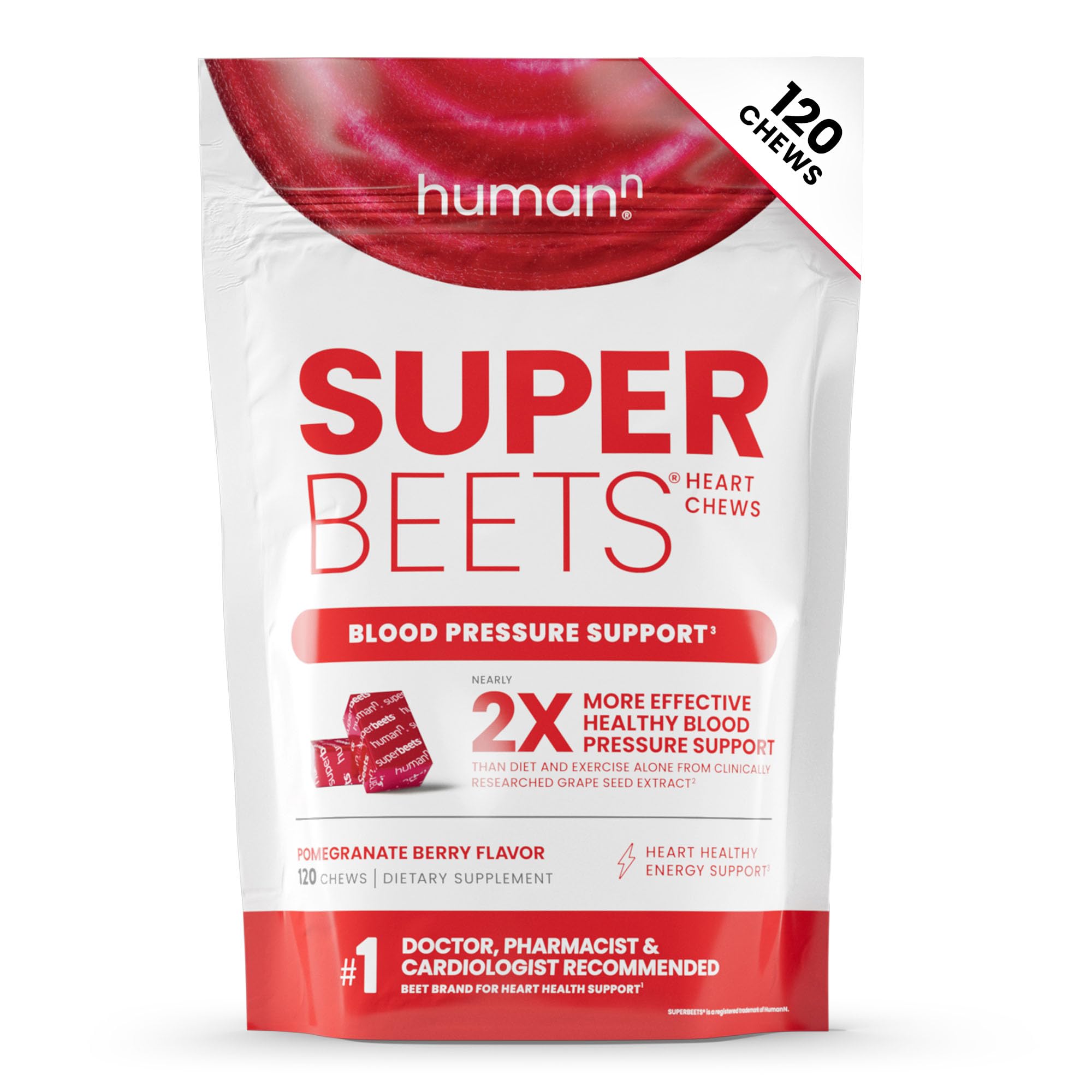 Humann SuperBeets Heart Chews, Nitric Oxide and Blood Pressure Support, Grape Seed Extract & Non-GMO Beet Root Powder Energy, Pomegranate Berry Flavor, 120 Count