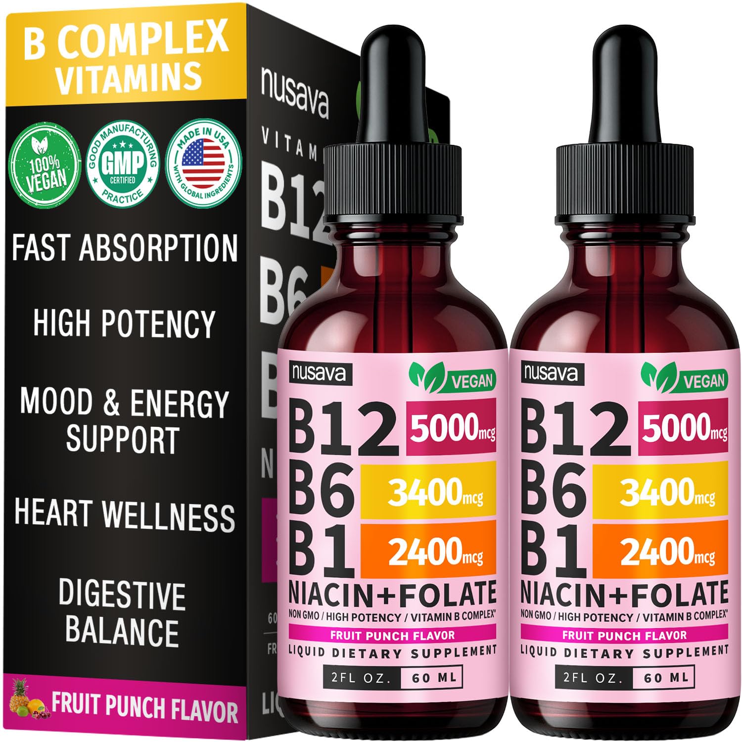 (2 Pack) Vitamin B12 and B6 Liquid Drops, B12 Sublingual Vitamin B Complex - B 12 Vitamin 5000mcg - B12 Methylcobalamin for Energy, Brain, and Heart Support with 27,200 mcg, Raspberry, 80 Servings