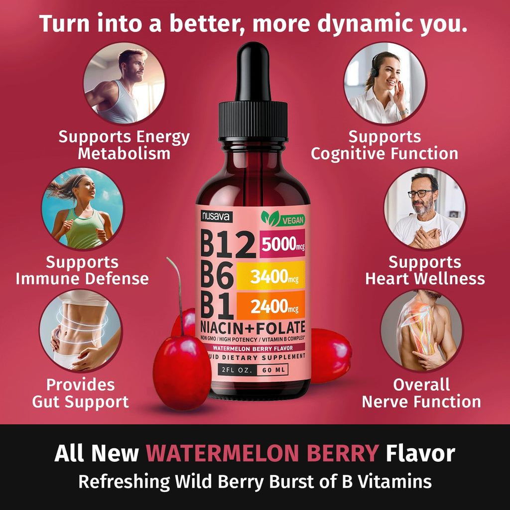 (2 Pack) Vitamin B12 and B6 Liquid Drops, B12 Sublingual Vitamin B Complex - B 12 Vitamin 5000mcg - B12 Methylcobalamin for Energy, Brain, and Heart Support with 27,200 mcg, Raspberry, 80 Servings