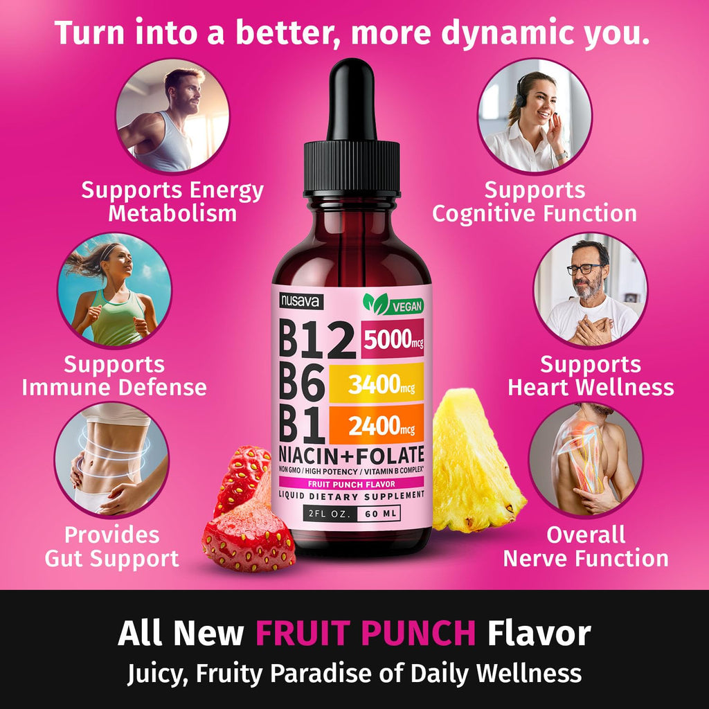 (2 Pack) Vitamin B12 and B6 Liquid Drops, B12 Sublingual Vitamin B Complex - B 12 Vitamin 5000mcg - B12 Methylcobalamin for Energy, Brain, and Heart Support with 27,200 mcg, Raspberry, 80 Servings