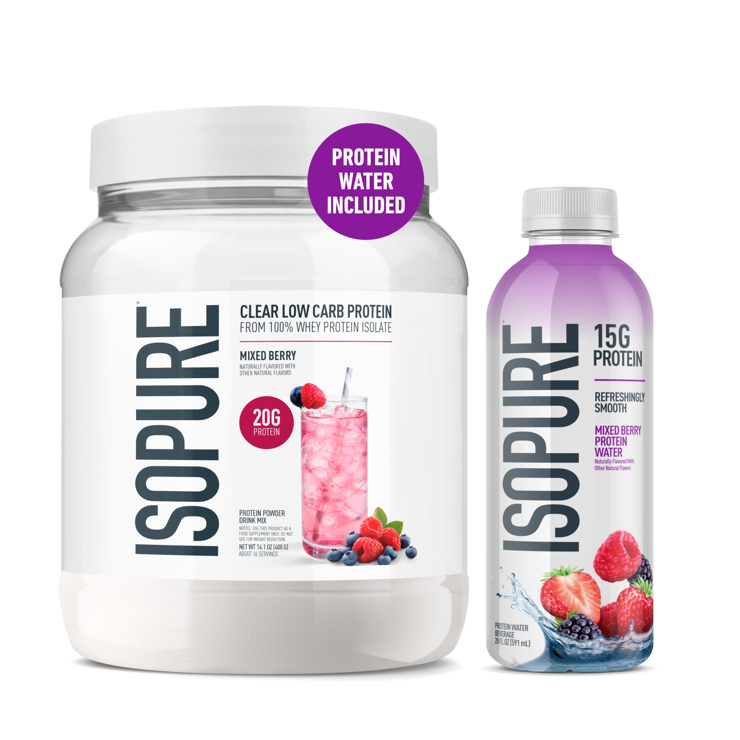 Isopure Clear Whey Isolate Protein Powder, Lactose Free, Gluten Free, Naturally Flavored, Mixed Berry, 20g Protein Per Serving, 14.1 Oz, 16 Servings (Packaging May Vary)