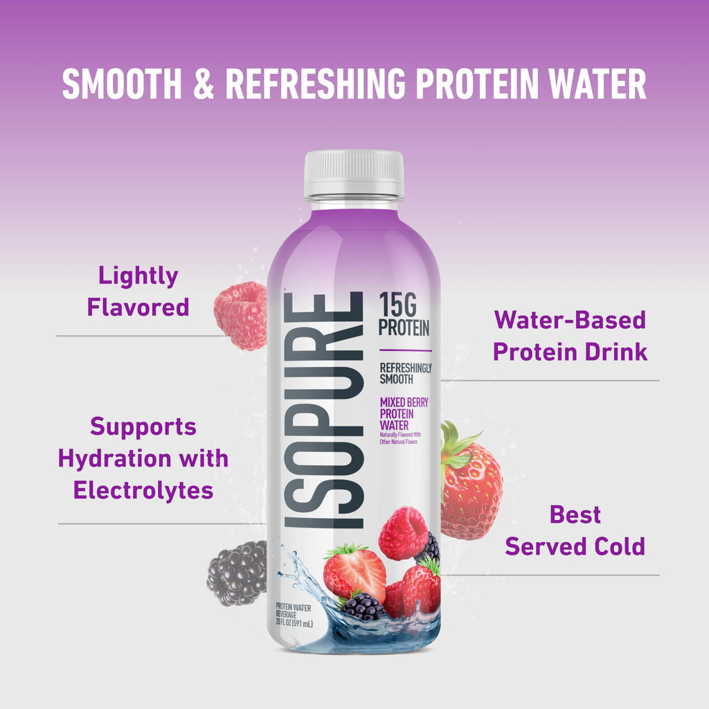 Isopure Clear Whey Isolate Protein Powder, Lactose Free, Gluten Free, Naturally Flavored, Mixed Berry, 20g Protein Per Serving, 14.1 Oz, 16 Servings (Packaging May Vary)