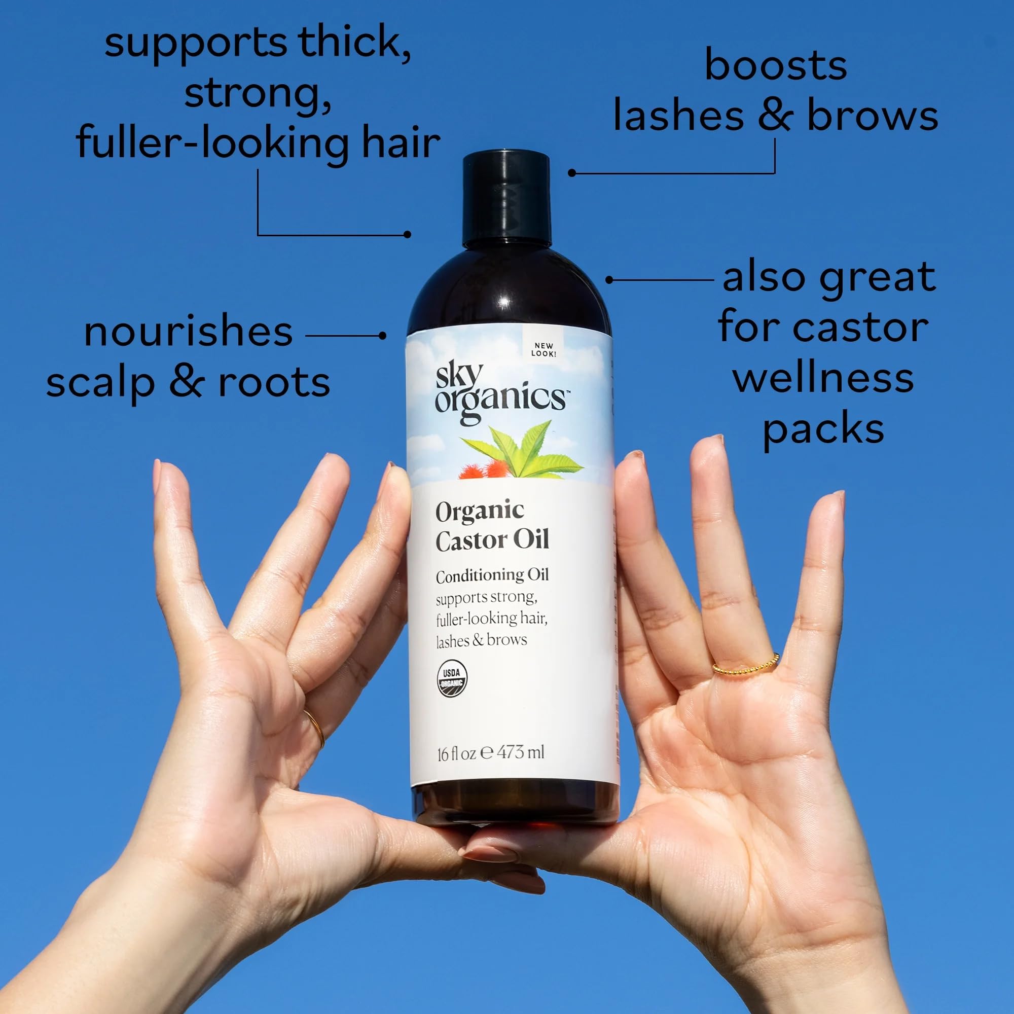 Sky Organics Castor Oil - USDA Certified Organic Hair Oil for Hair Growth, Skin, Face, Eyelashes - Cold Pressed & Hexane Free - Pure Organic Castor Oil Pack Wrap - Carrier & Hair Treatment Oil -16oz