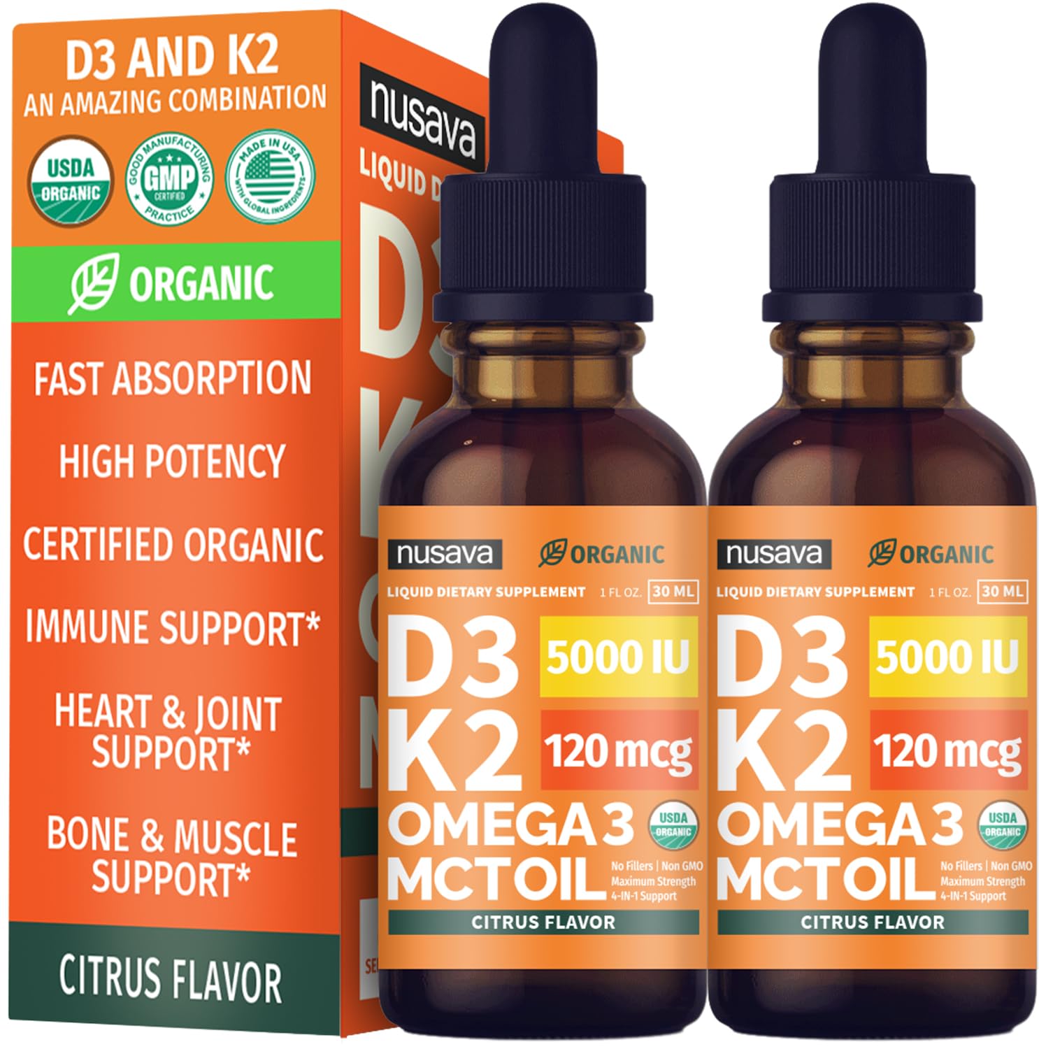 (2 Pack) Organic Vitamin D3 K2 Drops with MCT Oil Omega 3, 5000 IU, Maximum Strength Vitamin D Liquid, No Fillers, Non-GMO Liquid D3 for Faster Absorption and Immune Support (Unflavored, 2 Fl Oz)