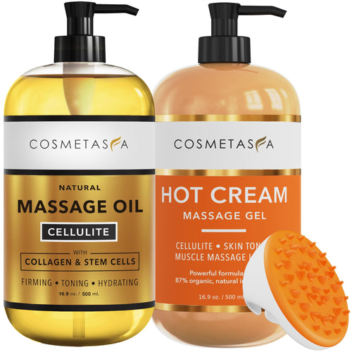 Cellulite Massage Oil, Gel & Mitt - Natural Hot Cream Massage Gel, Oil & Massager - Firm, Tone, Tighten & Moisturize Skin. Soothes Muscles (8.8 oz.)