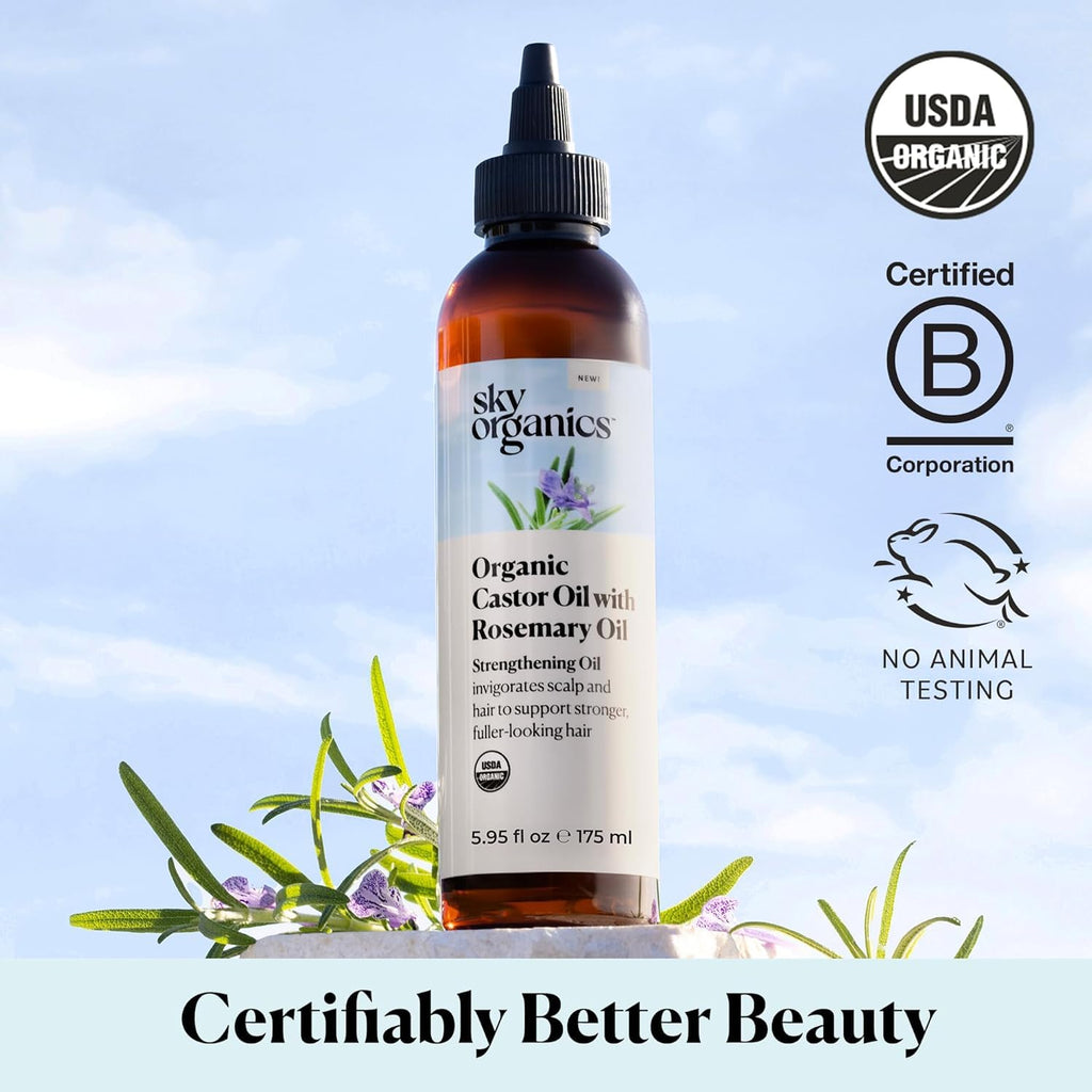 Sky Organics Castor Oil - USDA Certified Organic Hair Oil for Hair Growth, Skin, Face, Eyelashes - Cold Pressed & Hexane Free - Pure Organic Castor Oil Pack Wrap - Carrier & Hair Treatment Oil -16oz