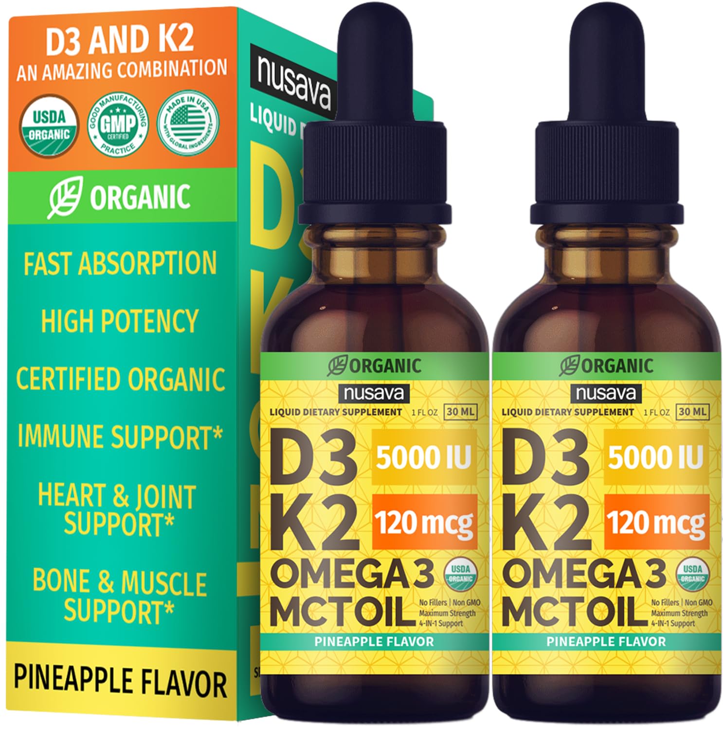 (2 Pack) Organic Vitamin D3 K2 Drops with MCT Oil Omega 3, 5000 IU, Maximum Strength Vitamin D Liquid, No Fillers, Non-GMO Liquid D3 for Faster Absorption and Immune Support (Unflavored, 2 Fl Oz)