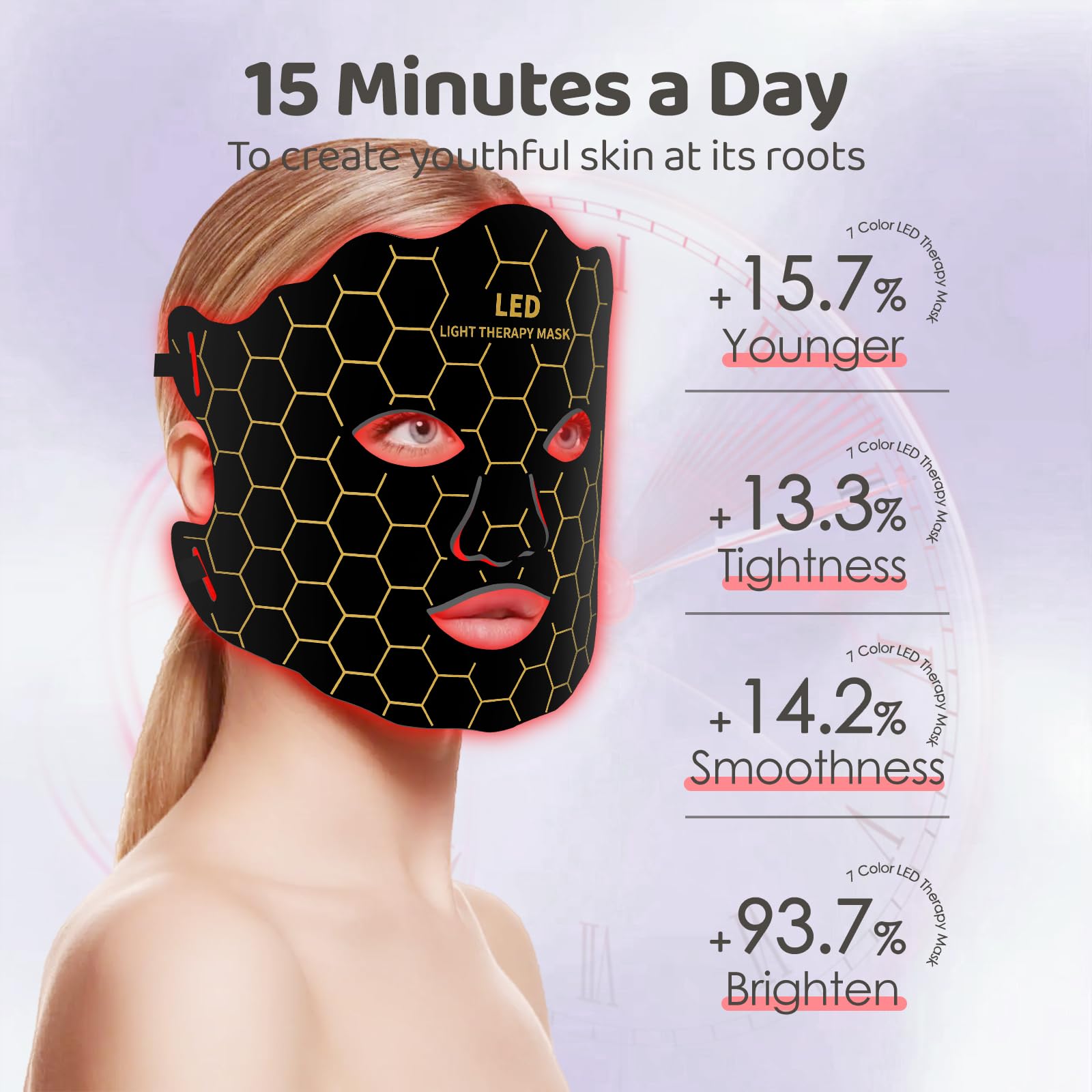 Yahi Red Light Photon Facial & Neck Mask with Remote Control, 7 Custom Modes with Infrared, Portable & Rechargeable with Timer for Home Use, 175 High-Density Light Beads, Black