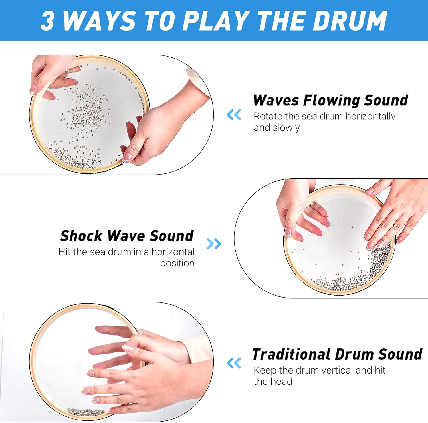 8 Inch 10 Inch Sea Wave Sound Drum, 2 Pcs Wave Bead Ocean Drum Sea Sound Drum with Wooden Shell Musical Instrument Percussion for Home School Supplies