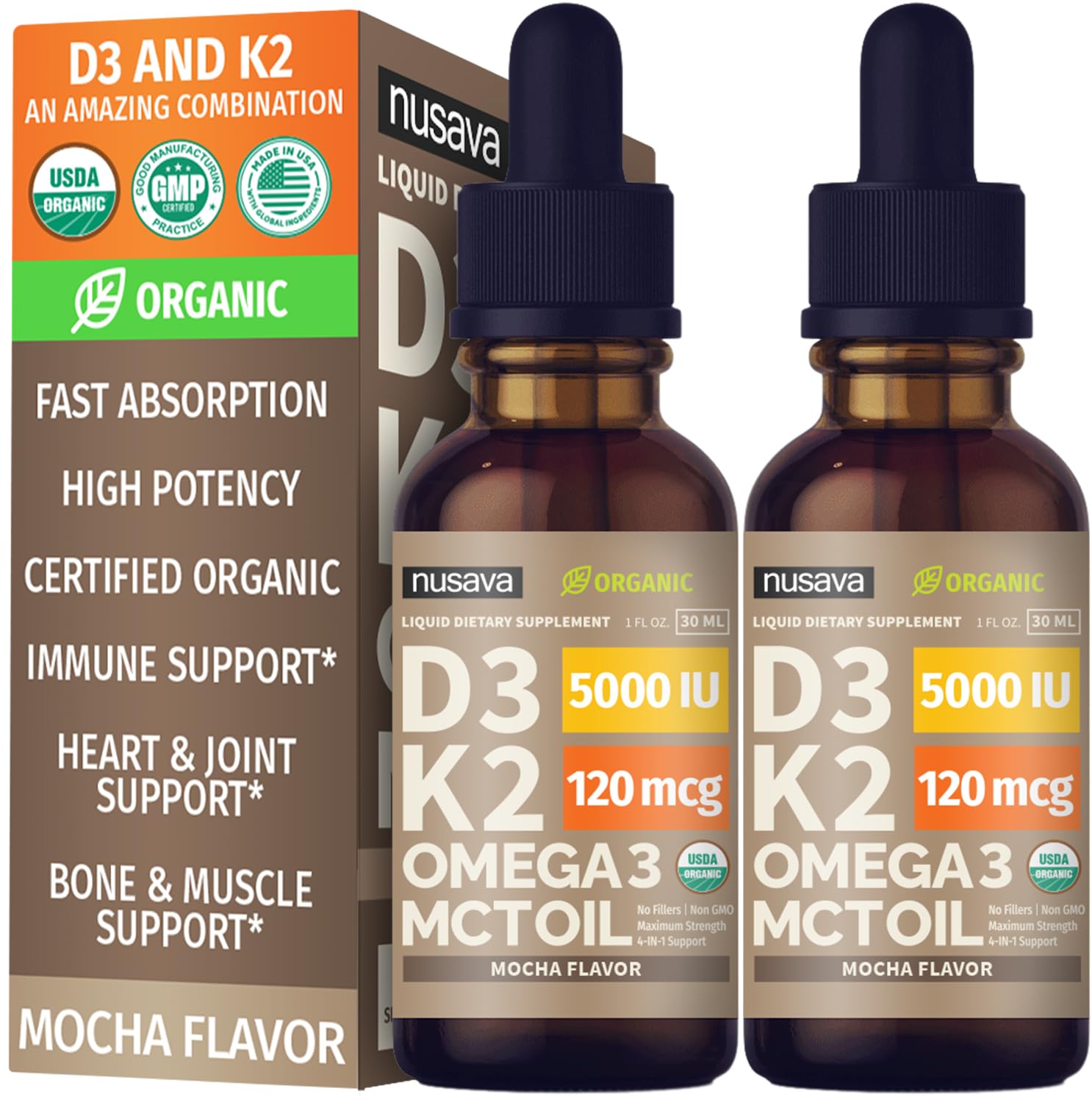 (2 Pack) Organic Vitamin D3 K2 Drops with MCT Oil Omega 3, 5000 IU, Maximum Strength Vitamin D Liquid, No Fillers, Non-GMO Liquid D3 for Faster Absorption and Immune Support (Unflavored, 2 Fl Oz)