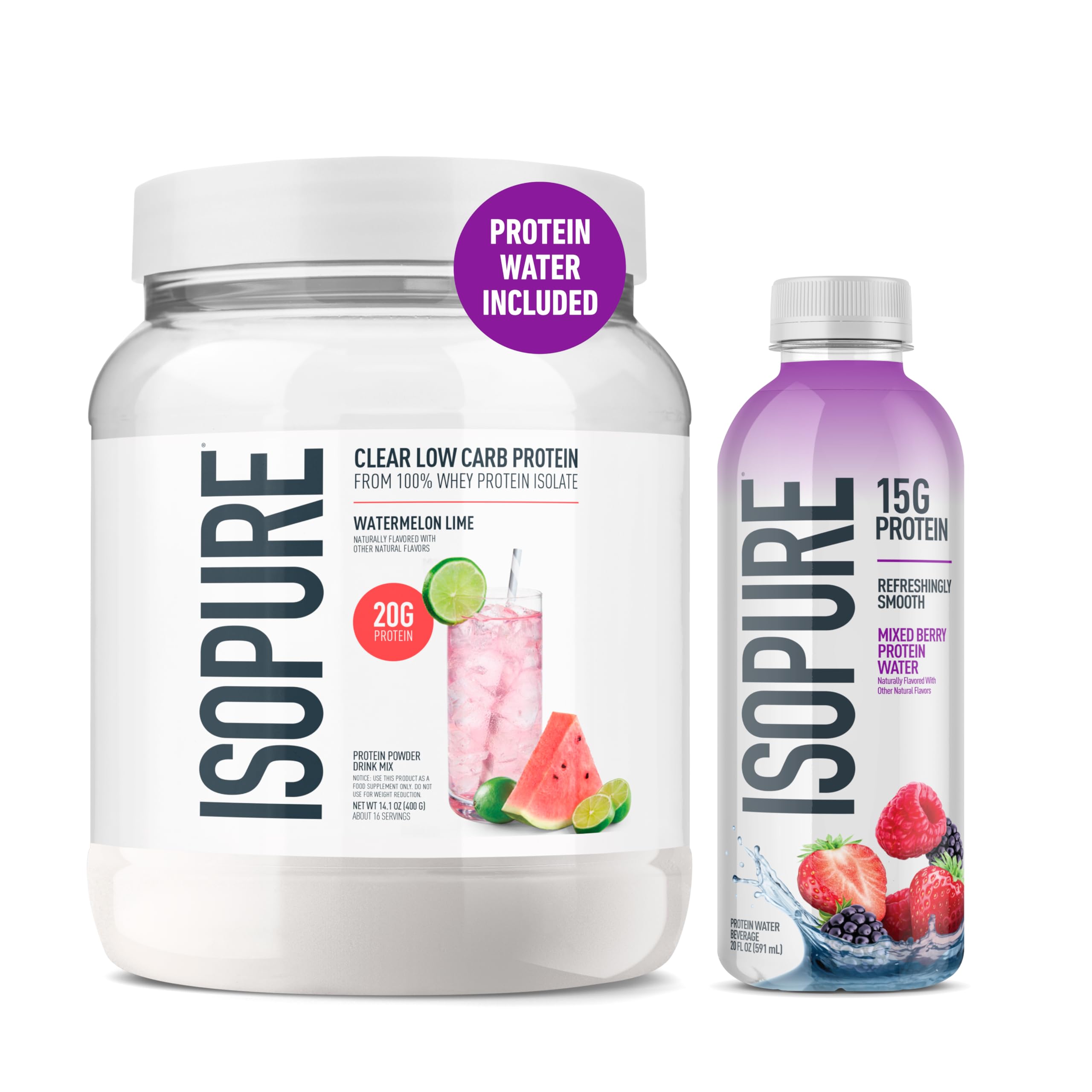 Isopure Clear Whey Isolate Protein Powder, Lactose Free, Gluten Free, Naturally Flavored, Mixed Berry, 20g Protein Per Serving, 14.1 Oz, 16 Servings (Packaging May Vary)