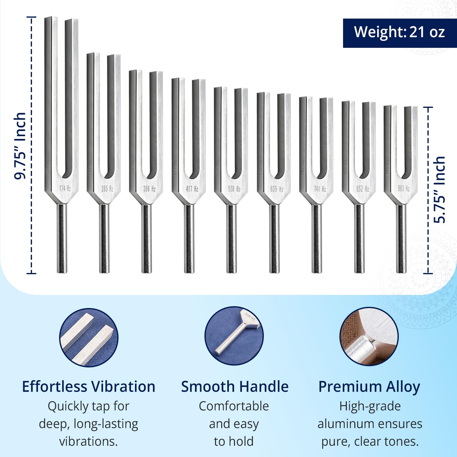 Solfeggio Tuning Forks Set for Healing – 9 Chakra Frequencies 174Hz to 963Hz | Precision-Machined Aluminum Alloy | Made in USA | Chakra Healing, Sound Therapy, Reiki, Yoga, Energy Balancing Tools.