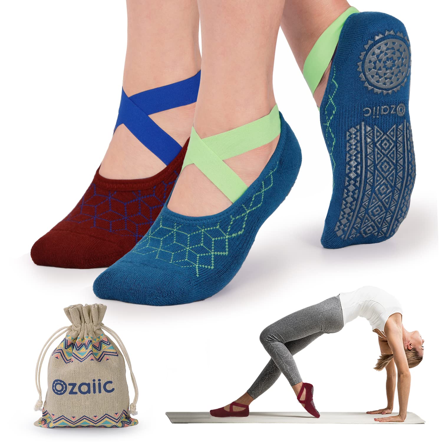 Ozaiic Pilates Socks for Women Non Slip Grip, Yoga Socks with Grippers for Barre, Hospital, Ballet, Dance, Barefoot Workout